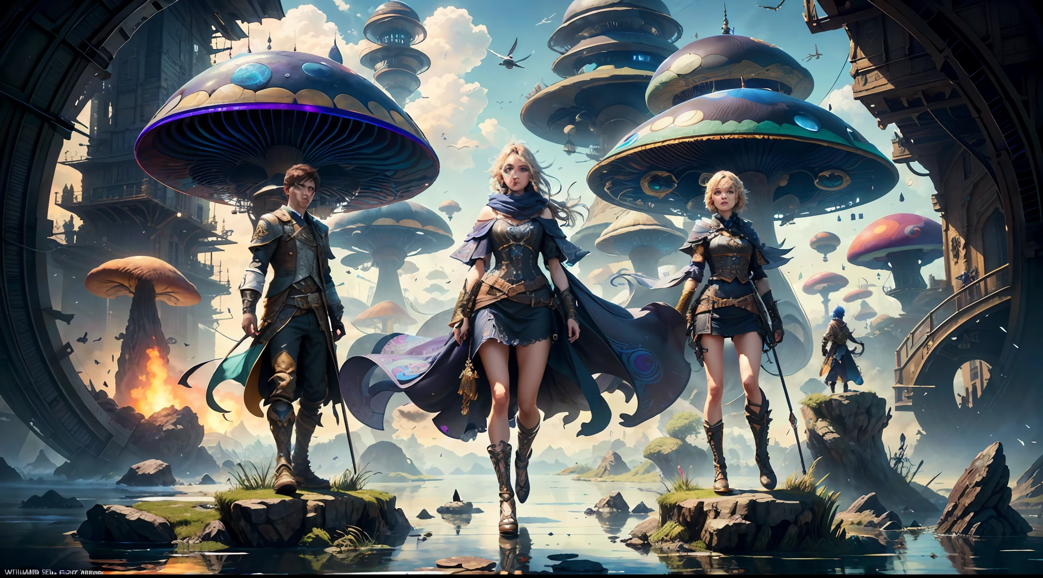 (((Multiplayer, Vivid eyes, men and women))), Best Quality, Realistic, Realistic, Award-Winning Illustrations, (Intricate Details: 1.2), (Fine Details), (Intricate Details), (Cinematic Light, Best Quality Backlight), Clear Lines, Sharp Focus, Official Art, Unity 8k Wallpaper, Ridiculous, Incredibly Absurd, Fantasy Art, RTX, ((Award-winning Triangle Studio Close-up Photo)), 1 Boy, (Shut Up), Best Quality, 4K, beautiful mysterious creatures, female, flying, surrealism, masterpiece by NCWINTERS, in a mysterious country town, masterpiece, intricate details, ff14style, urban painting, bridge, river, giant mushroom, landscape, bright colors, ((((full body image))),