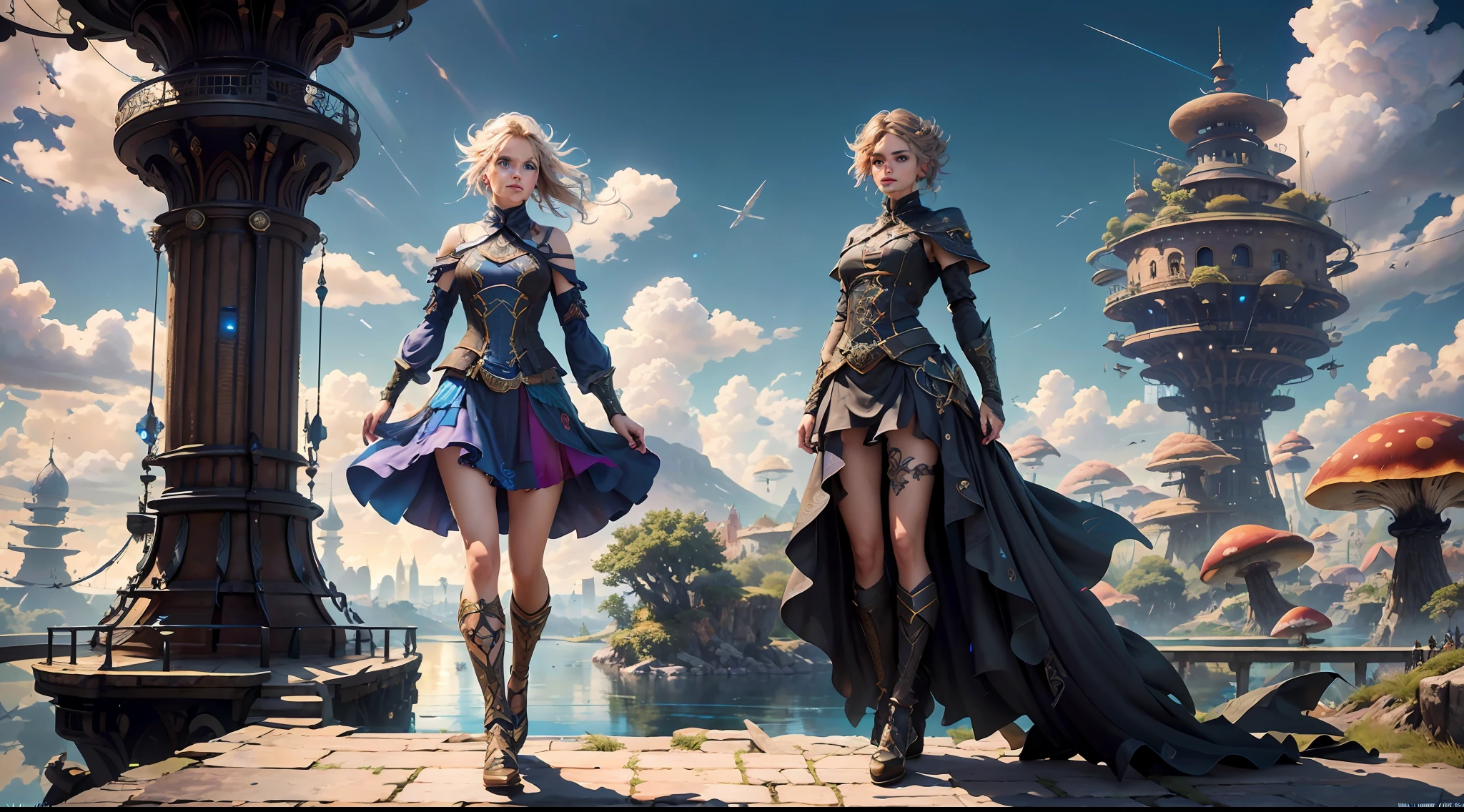 (((Multiplayer, Vivid eyes, men and women))), Best Quality, Realistic, Realistic, Award-Winning Illustrations, (Intricate Details: 1.2), (Fine Details), (Intricate Details), (Cinematic Light, Best Quality Backlight), Clear Lines, Sharp Focus, Official Art, Unity 8k Wallpaper, Ridiculous, Incredibly Absurd, Fantasy Art, RTX, ((Award-winning Triangle Studio Close-up Photo)), 1 Boy, (Shut Up), Best Quality, 4K, beautiful mysterious creatures, female, flying, surrealism, masterpiece by NCWINTERS, in a mysterious country town, masterpiece, intricate details, ff14style, urban painting, bridge, river, giant mushroom, landscape, bright colors, ((((full body image))),
