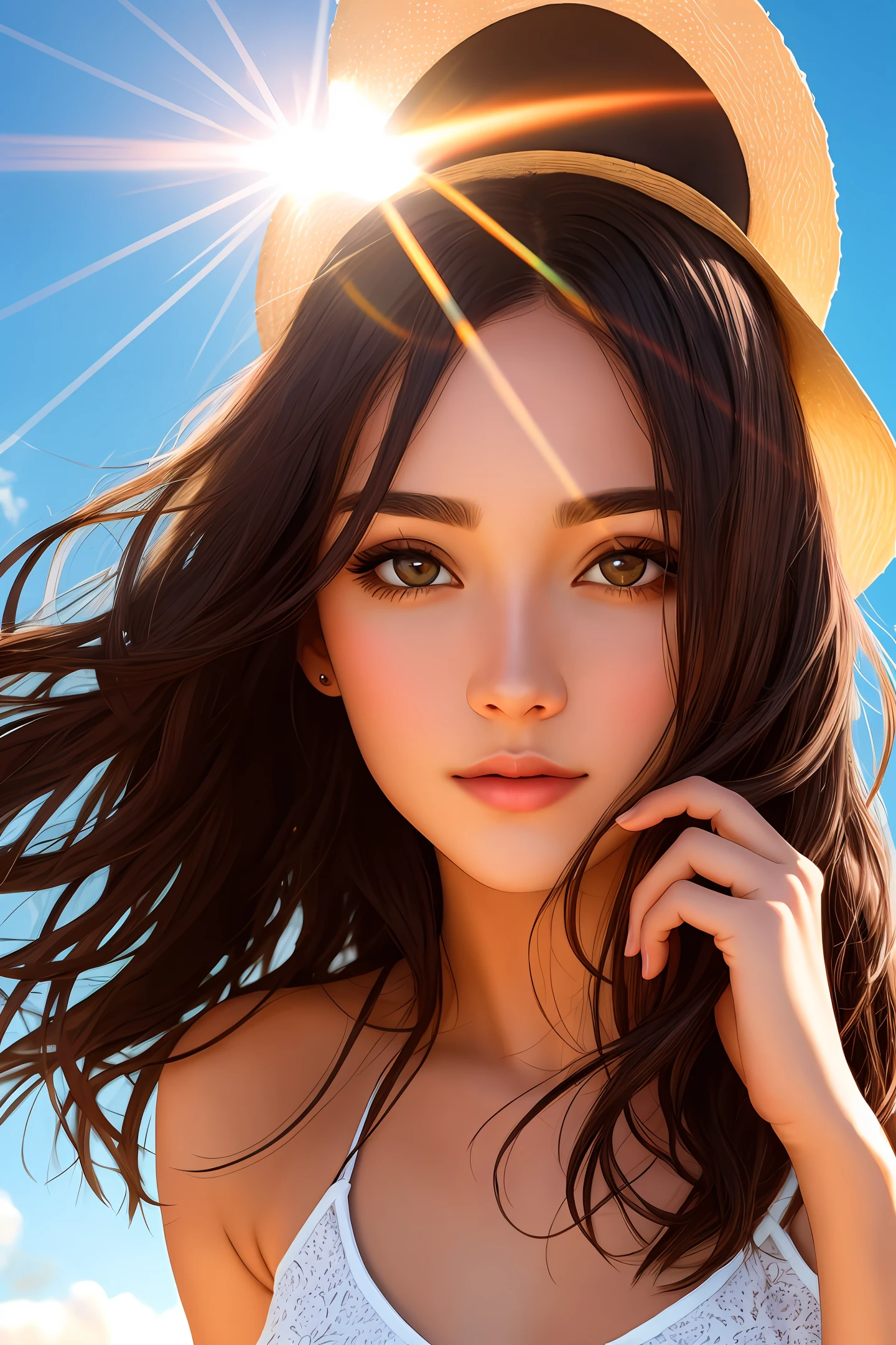 best quality, masterpiece, girl, Dark hair, dark eyes, home, sun shining, shiny skin, sun flare