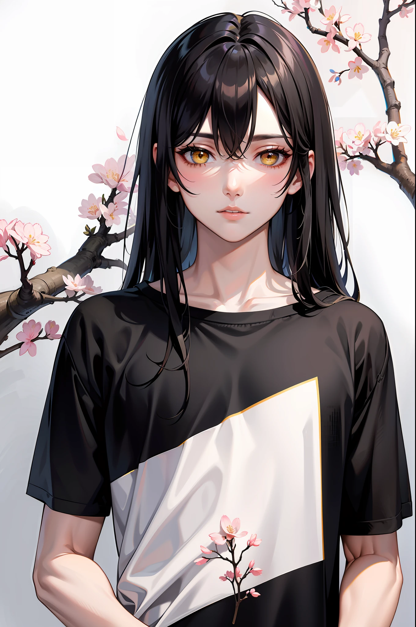 masterpiece, 1boyfriend, man, long hair, black hair, upper body, portrait, yellow eyes, vertical pupil, black shirt, cherry blossom background