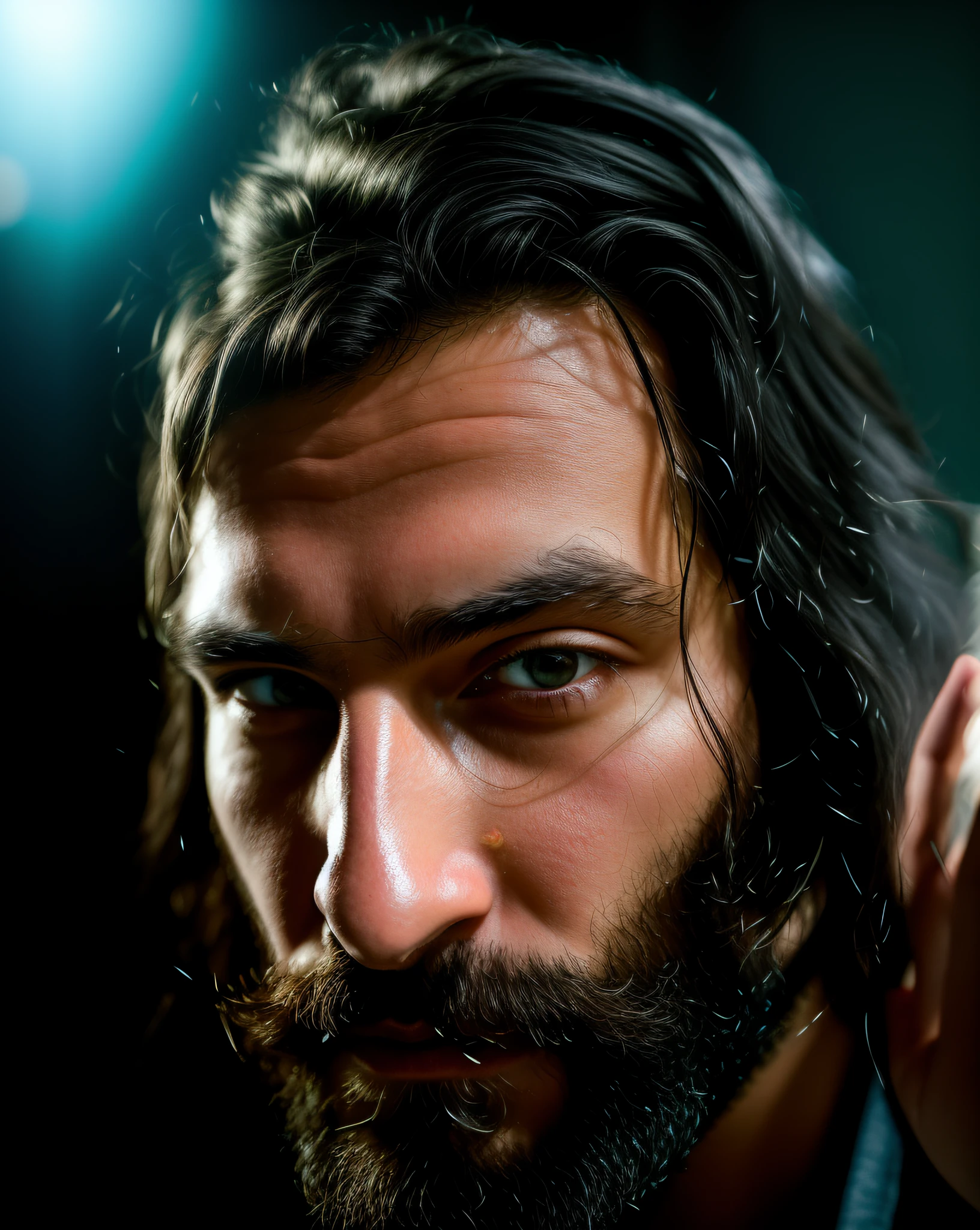 There is a man with long black hair and black beard looking at the camera, looking at the camera, very high quality 8k image, looking directly at the camera, looking intensely at the camera, close to the camera, with long hair and piercing eyes, 8K portrait shot,, Cinematic lighting, Unreal Engine, Neutral density filter, 32k, Super-Resolution, Megapixel, ProPhoto RGB, VR, Ray Tracing Global Illumination,FKAA, TXAA, RTX, SSAO, Shaders, OpenGL-Shaders, GLSL-Shaders, Post Processing, Post-Production