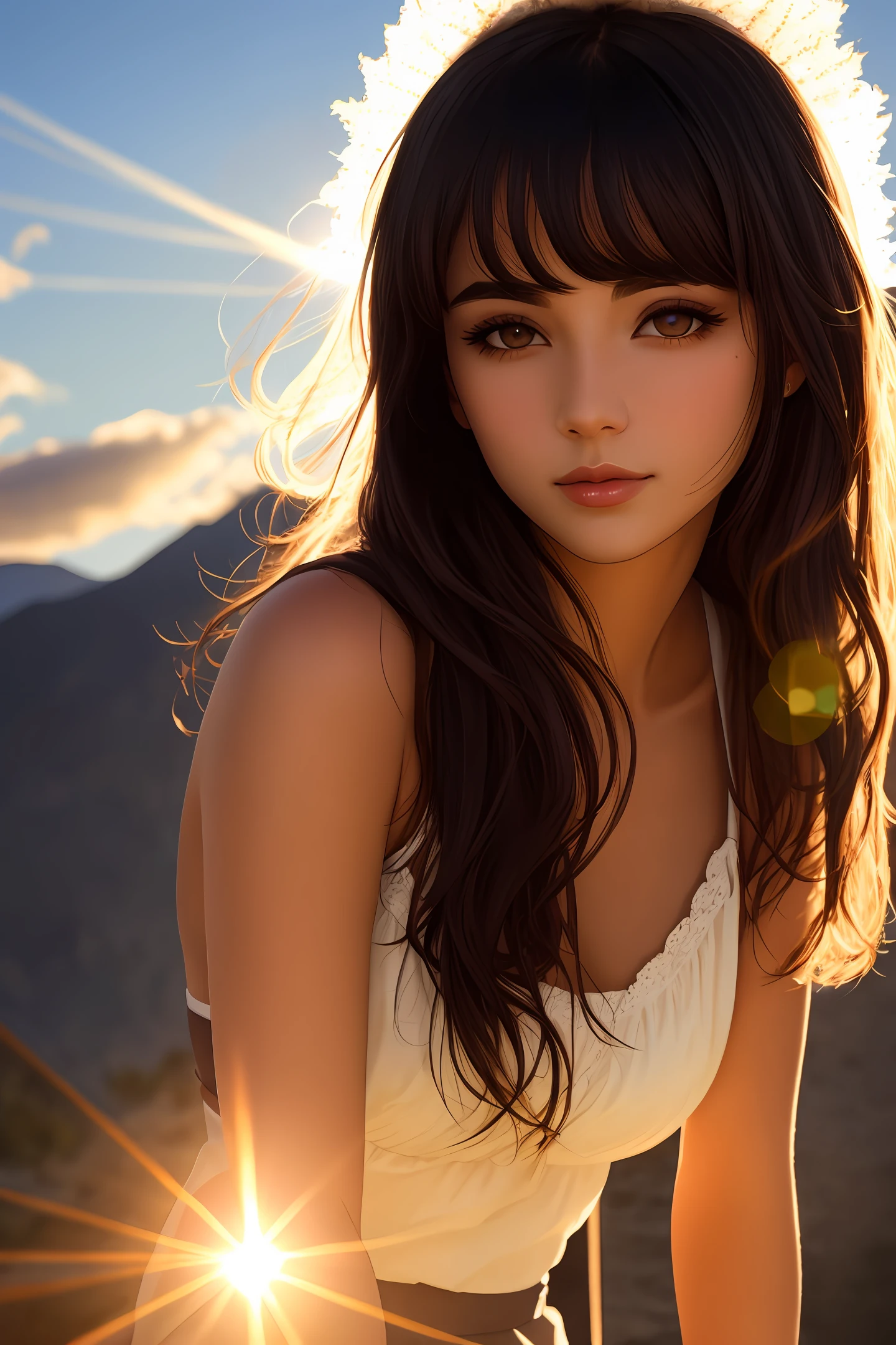 best quality, masterpiece, girl, Dark hair, dark eyes, home, sun shining, shiny skin, sun flare