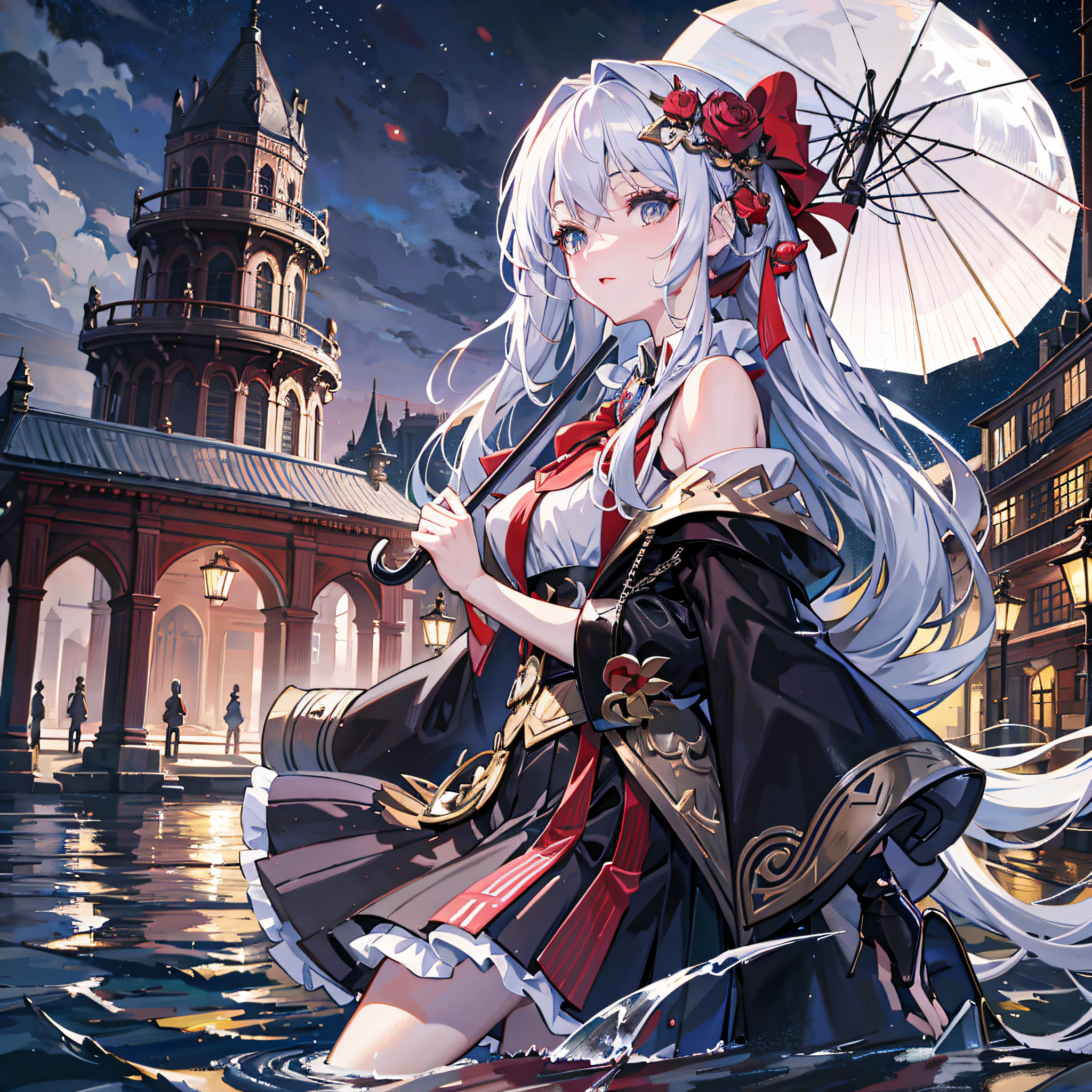 Anime Girl in Dress with Umbrella in Water, Video Game from Azure Lane, Pop in ArtStation Pixiv, Kantai Series Style, High Detail Official Artwork, Splash Art Anime Girl, Official Artwork, Best Anime 4k Konachan Wallpaper, White Haired God, Azure Lane Style, Night Core, Kusart Krenz Key Art Feminized
