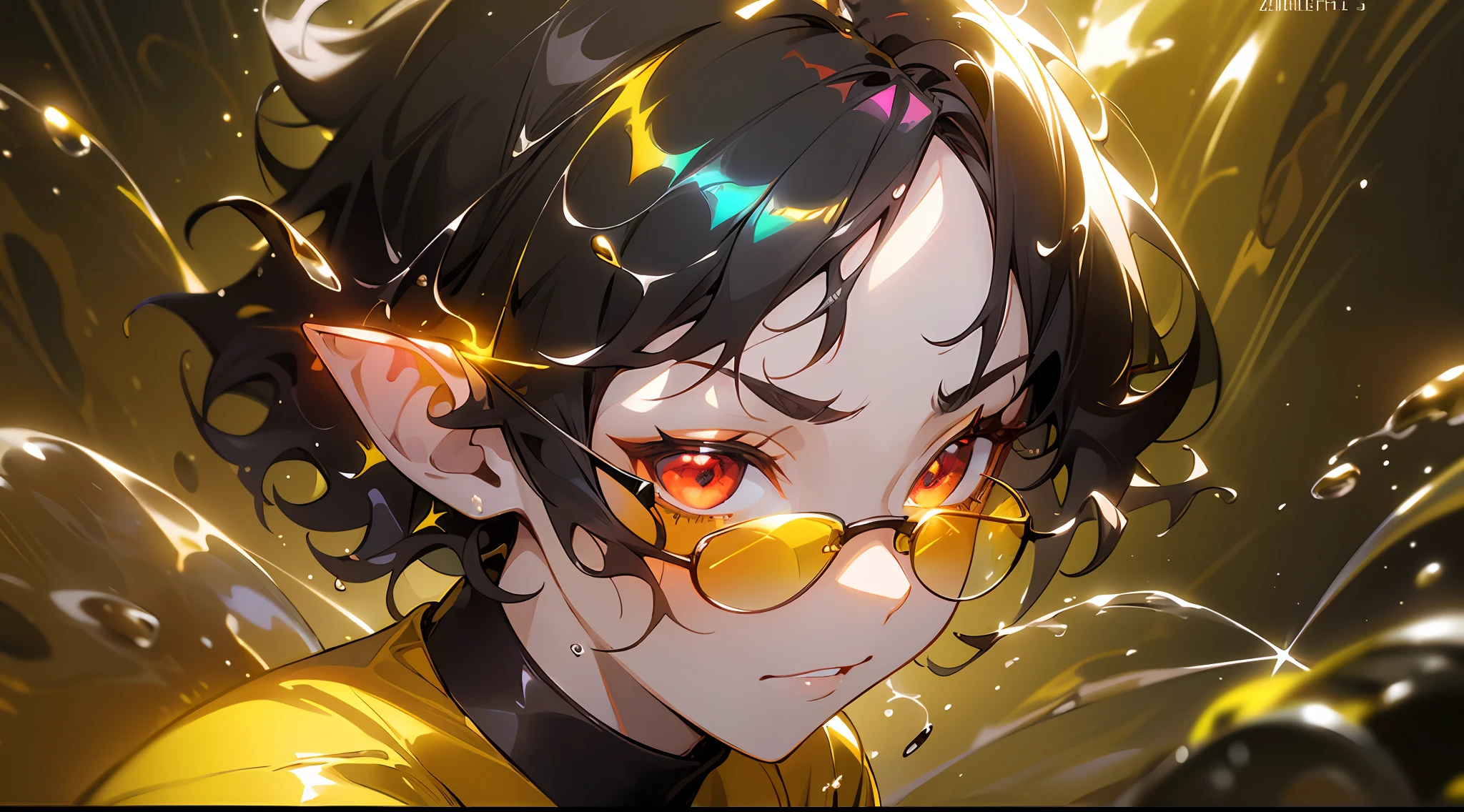 1girl, solo, (portrait1.2), black hair, short hair, (curls1.4), red eyes, indifferent emotions, black sweater, silver necklace, yellow sunglasses, yellow pants with black belt, (glow:1.4), (shade:1.2), (reflection1.3), (effects:1.3), (splashes of light:1.6), pointed ears