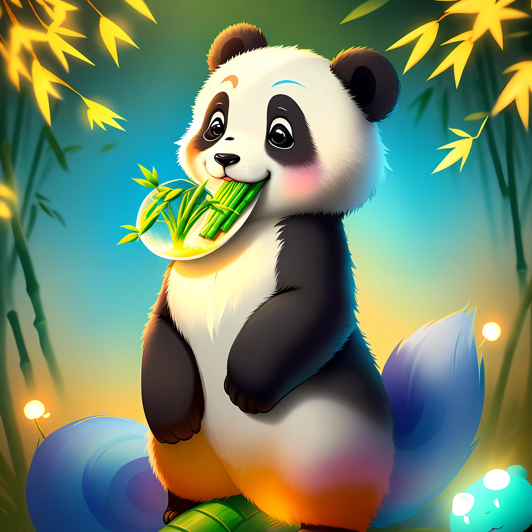 Cute cartoon panda is eating bamboo, Disney style, Pixar style，extremely luminous bright design, pastel colors, (ink:1.3), autumn lights, (8k, best quality, masterpiece:1.2),(best quality:1.0), (ultra highres:1.0), watercolor