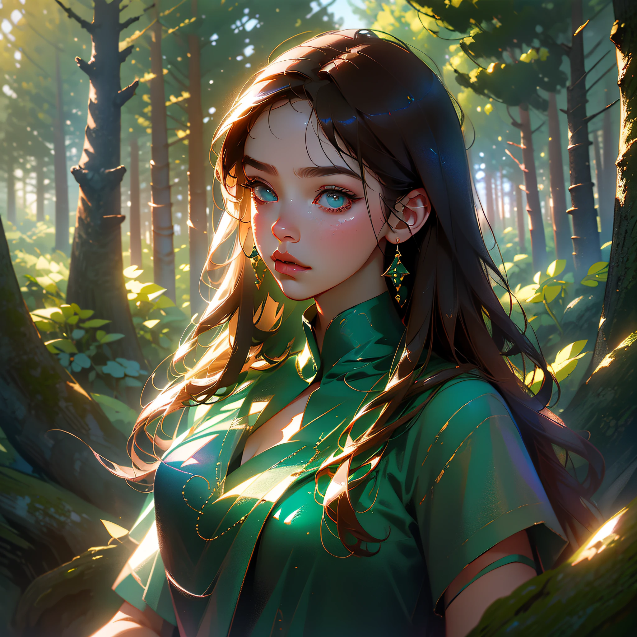 (masterpiece, best quality), blurred foreground, (better lighting, better shadow, an extremely delicate and beautiful), (emphasis on the face), dynamic lighting, (dramatic pose), (volumetric light), (forest in the background), (brown hair:1.3, blue clothes:0.9)