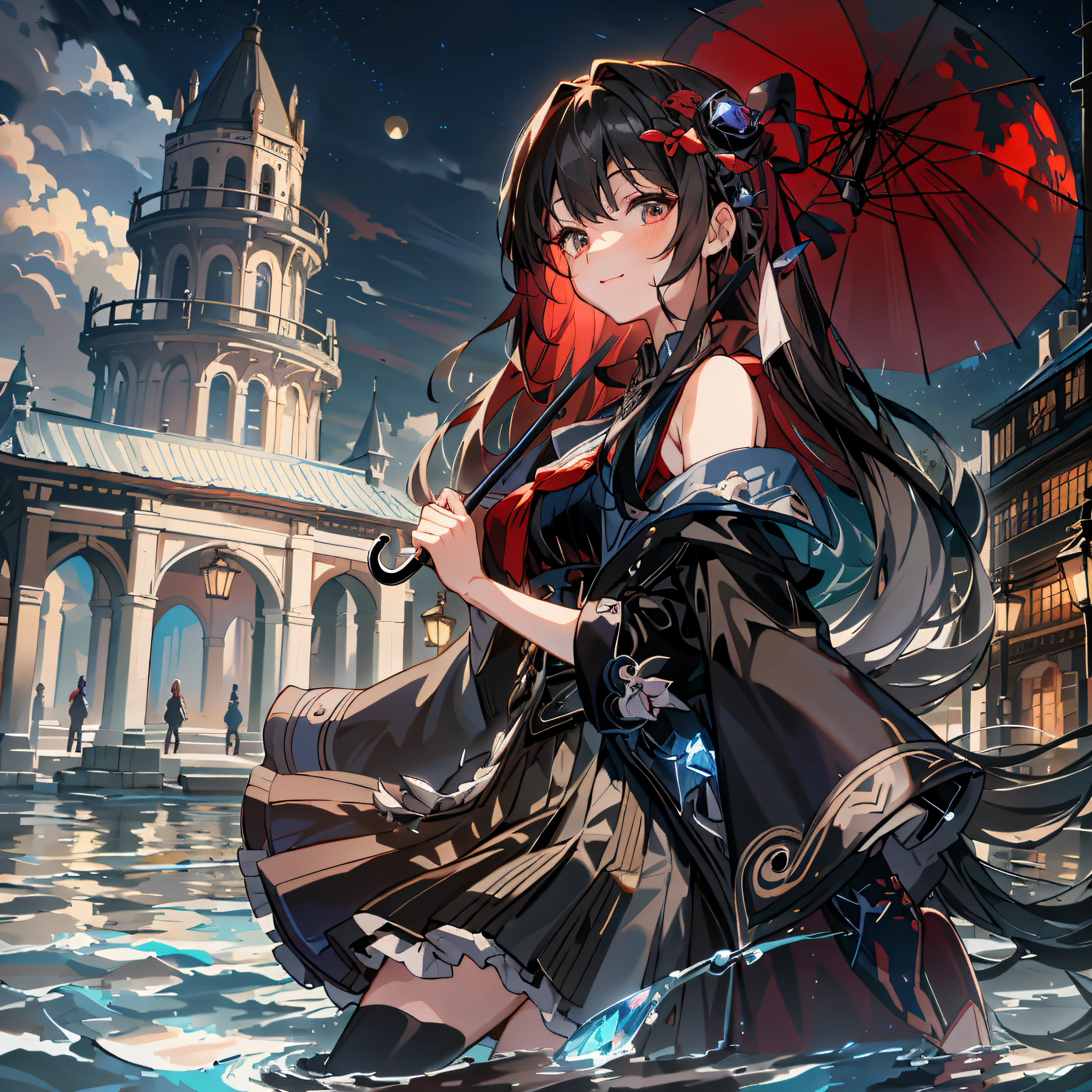Anime Girl in Dress with Umbrella in Water, Video Game from Azure Lane, Pop in ArtStation Pixiv, Kantai Series Style, High Detail Official Artwork, Splash Art Anime Girl, Official Artwork, Best Anime 4k Konachan Wallpaper, Brunette God, Azure Lane Style, Night Core, Kusart Krenz Key Art Feminization, (Extremely detailed CG Unity 8k wallpaper, masterpiece, best quality, super detailed), flowing and dynamic pose, Black-haired girl in a complex and solemn gray dress, with red hairpins in the upper right corner, holding a black oil-paper umbrella on her shoulders, in a pavilion with moonlight like water, (rural night scene + cold color: 1.3 + moon: 1.2), the background exudes a gentle atmosphere, the beautiful girl smiled slightly miserable in front of the camera, her cheeks were pale, shining with a crystal clear luster, her face was young but pretended to be mature, and she was a little forced to force herself