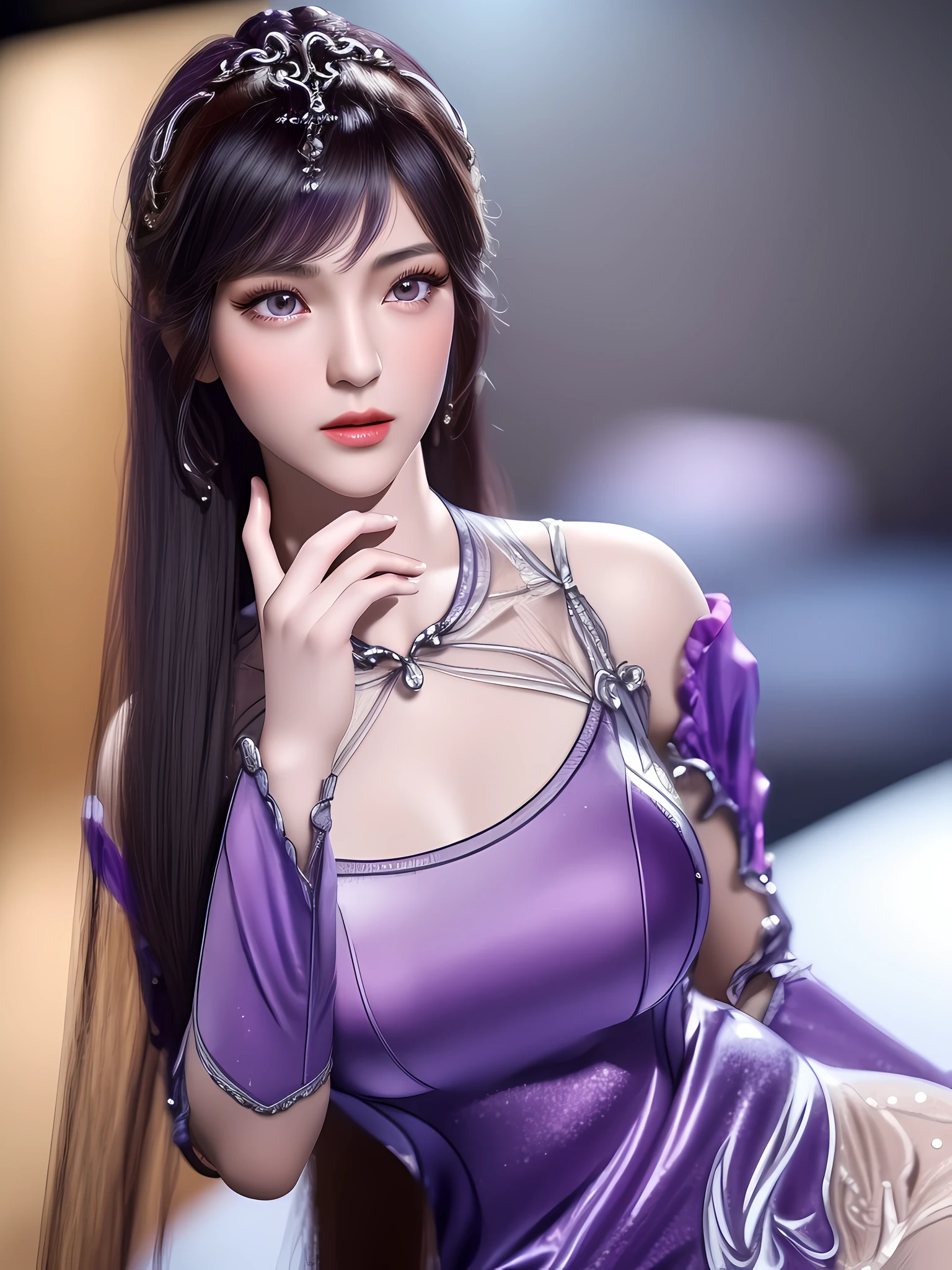 xiaowu, ({1girl, solo}:2), mature female, masterpiece, mistress, goddess, rabbit ears, sitting, ring, tight clothes, tight dress, (no bra), ({masterpiece, best quality, realistic, photography, RAW, Nikon, 85mm, real life, sharp focus, 8k UHD, photo realistic, high resolution, ultra-detailed, anatomically correct, super detail, award winning, highres, 1080P, 16k, 8k, 4K, HD, ccurate}:1.4), (clarity:1.1), ({extremely detailed realistic hair, beautiful realistic hairstyle, realistic dark purple hair}:1.3), ({beautiful realistic face, extremely detailed realistic face}:1.3), ({realistic purple eyes, extremely detailed realistic eyes, perfect eyes, eye-level shot, extremely detailed realistic pupils, detailed realistic retina, extremely detailed realistic eyelashes}:1.5), ({detailed realistic lips, beautiful realistic lips}:1.3), ({proportional anatomy, upper body from head to thighs, slender abs}:1.5), ({proportional realistic breasts, realistic medium breasts}:1.3), ({detailed realistic skin, realistic natural skin color, natural skin texture}:1.4), (detailed realistic natural fingers:1.5)