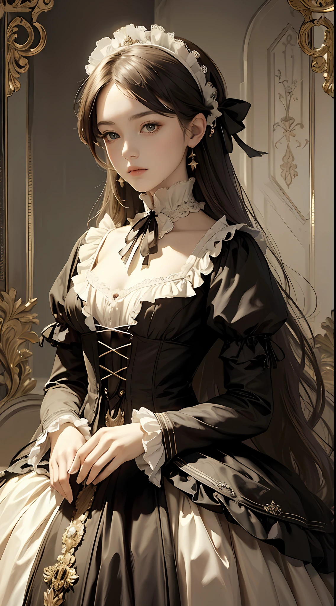 (Pure Color: 0.9), (Color: 1.1), (Masterpiece: 1,2), Best Quality, Masterpiece, High Resolution, Original, Highly Detailed Wallpaper, Beauty, Victorian, Dress, Sad, Small Face, Big Breasts, Sepia --auto --s2