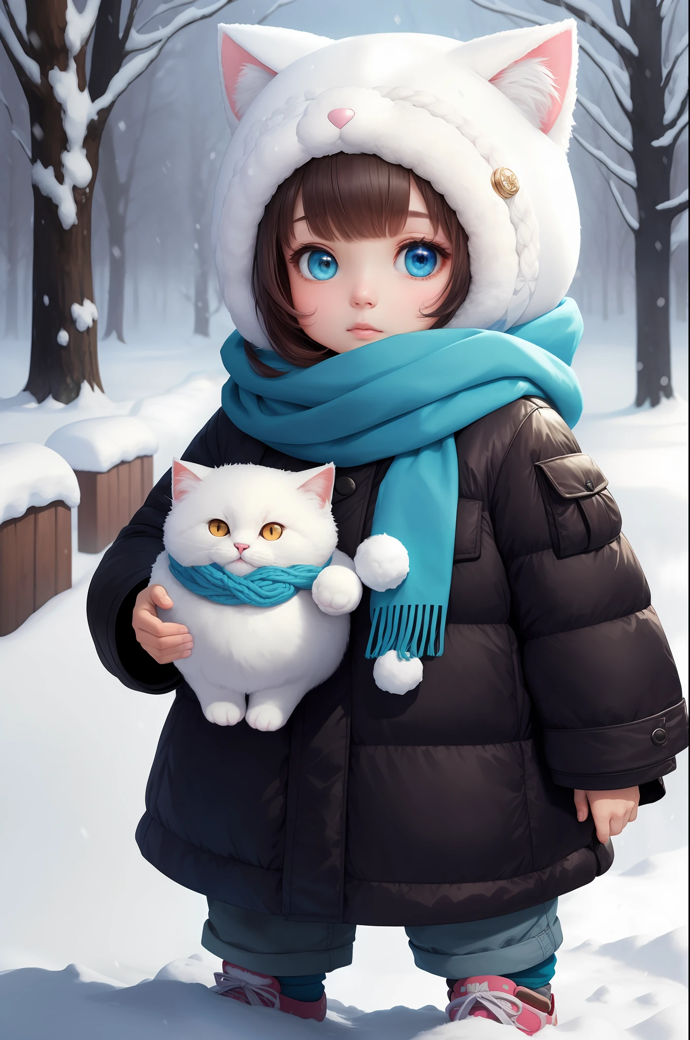 Style-NebMagic, Portrait of a fluffy, round baby cat baby with a scarf made of Style-SylvaMagic in the snow, by Ismail Inceoglu, Gazelli, James Jean, Anton Fadeev and Yoshitaka Amano, insanely detailed, 8k resolution, digital art, trends in season of arts, vibrant colors, chibi style, a masterpiece, adorable and friendly
