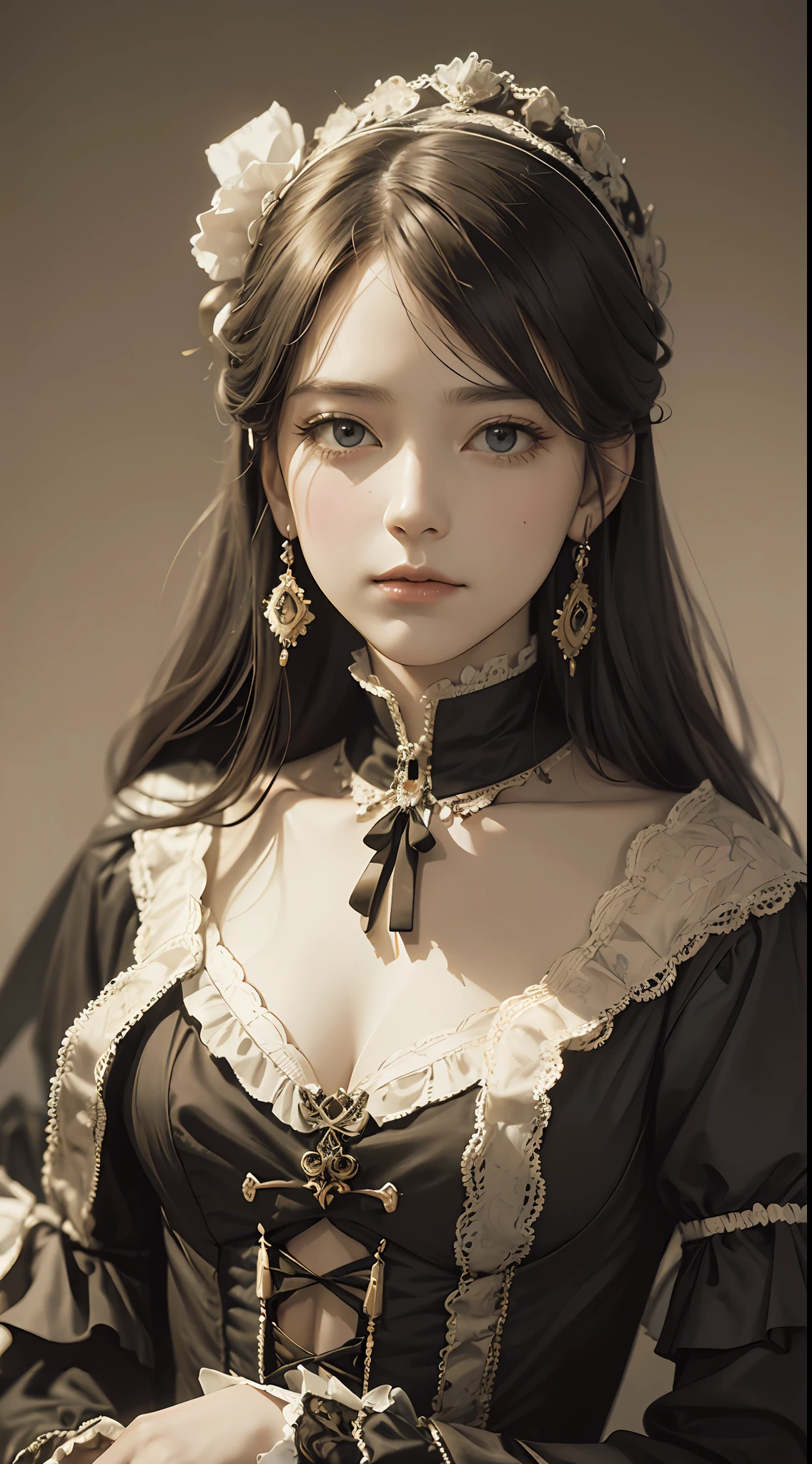 (Pure Color: 0.9), (Color: 1.1), (Masterpiece: 1,2), Best Quality, Masterpiece, High Resolution, Original, Highly Detailed Wallpaper, Beauty, Victorian, Dress, Sad, Small Face, Big Breasts, Sepia --auto --s2