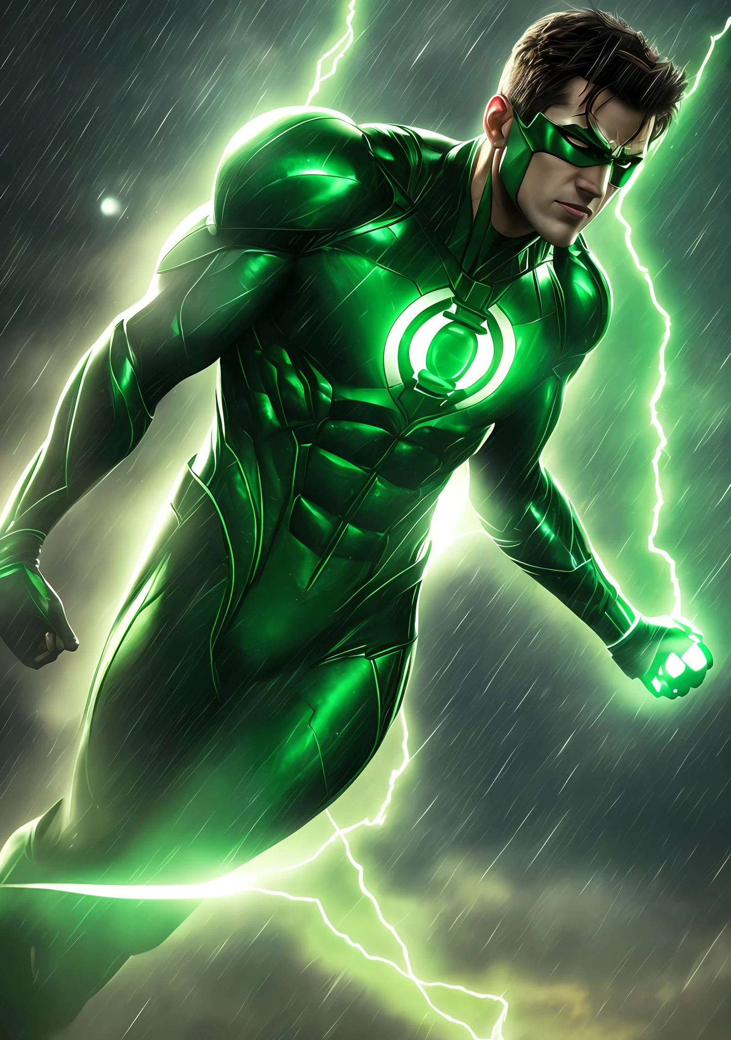 The Green Lantern, cinematic, hyperrealistic, photo, skin detailed, hdr, cinematography, raining