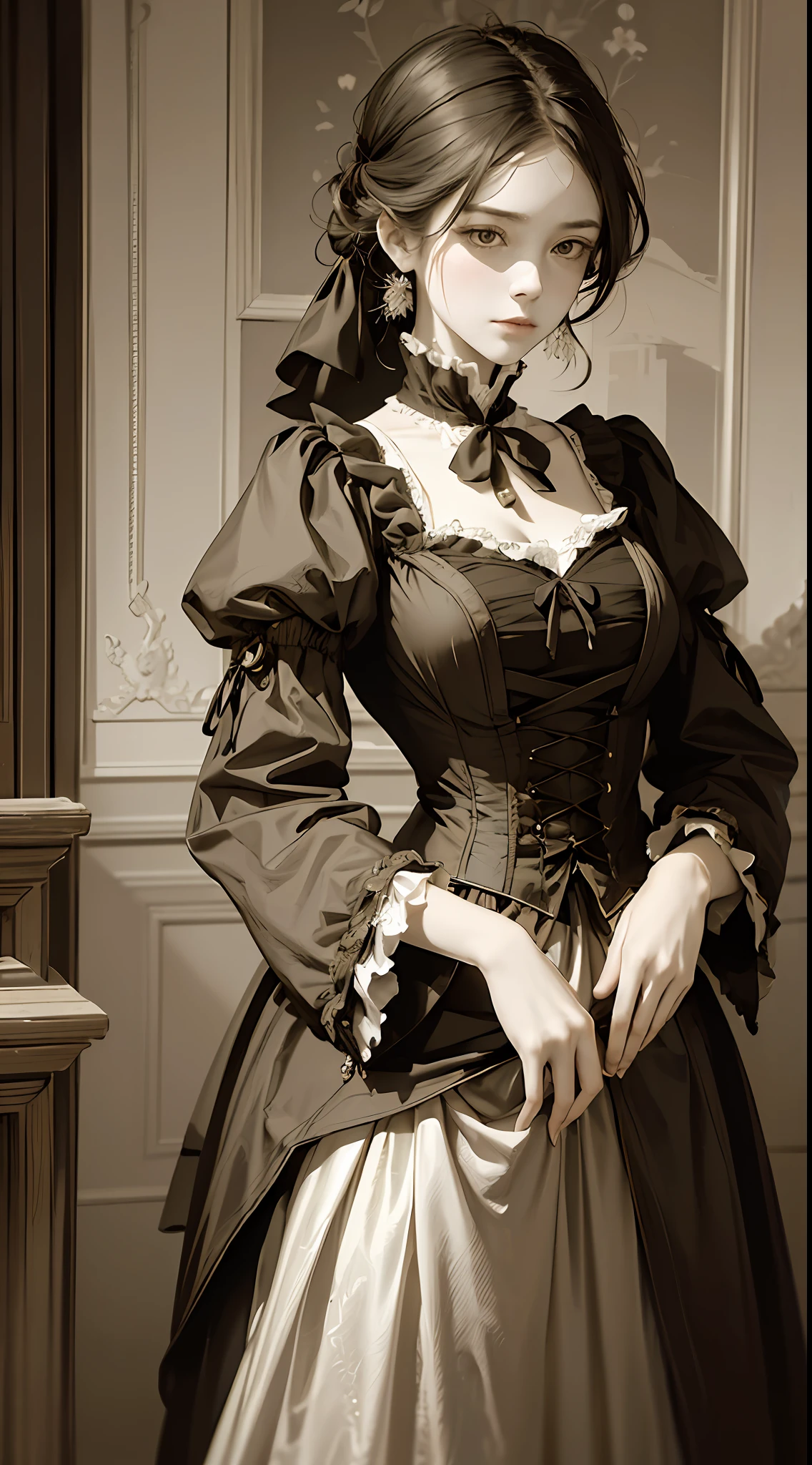 (Pure Color: 0.9), (Color: 1.1), (Masterpiece: 1,2), Best Quality, Masterpiece, High Resolution, Original, Highly Detailed Wallpaper, Beauty, Victorian, Dress, Sad, Small Face, Big Breasts, Sepia --auto --s2