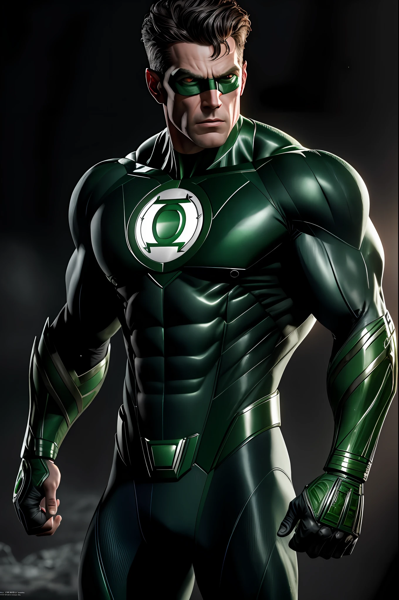 (8k, RAW photo, best quality, masterpiece:1.2), ultra detailed, official art, photo-realistic:1.37, upper body shot, DC Green Lantern, film grain, action pose