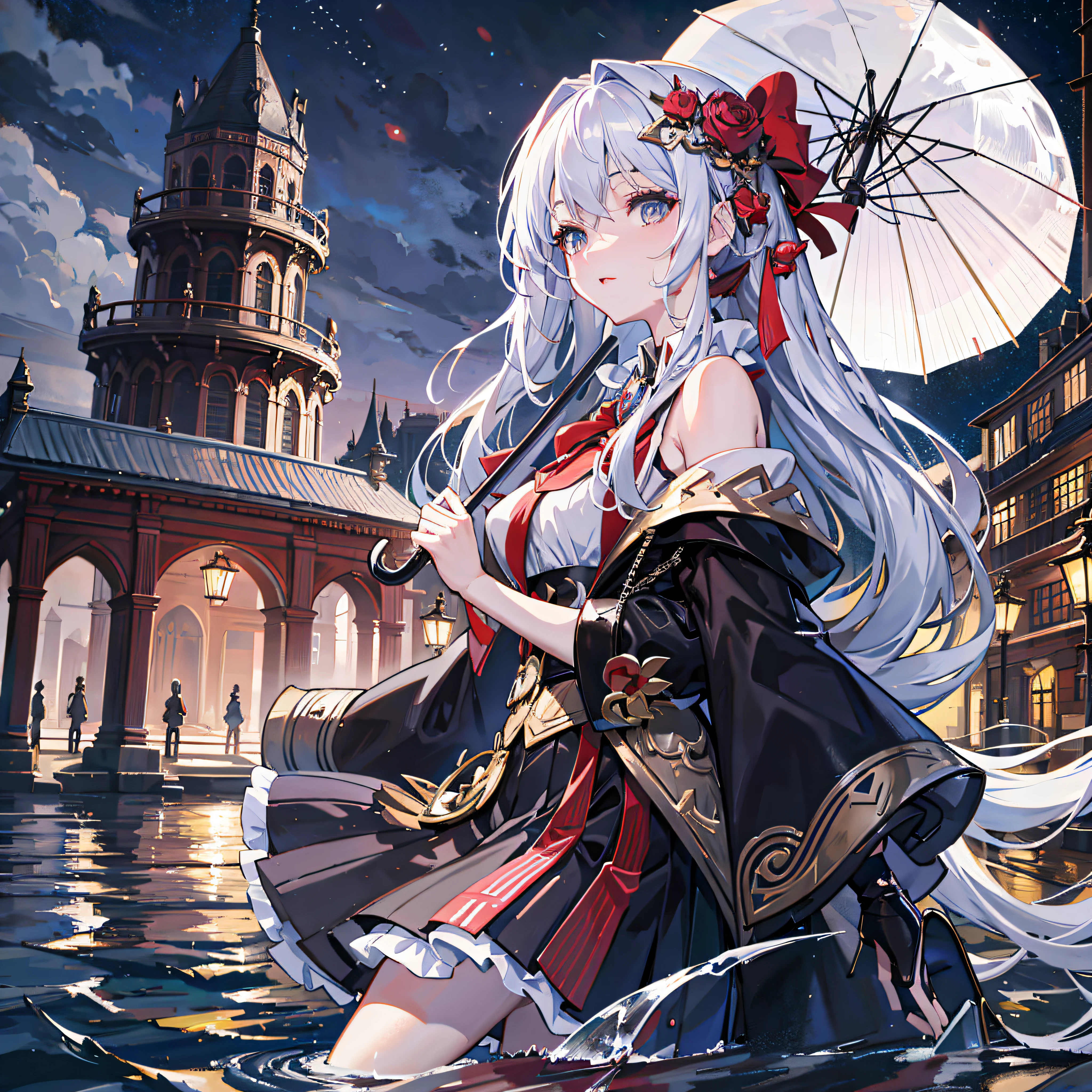 Anime Girl in Dress with Umbrella in Water, Video Game from Azure Lane, Pop in ArtStation Pixiv, Kantai Series Style, High Detail Official Artwork, Splash Art Anime Girl, Official Artwork, Best Anime 4k Konachan Wallpaper, White Haired God, Azure Lane Style, Night Core, Kusart Krenz Key Art Feminized