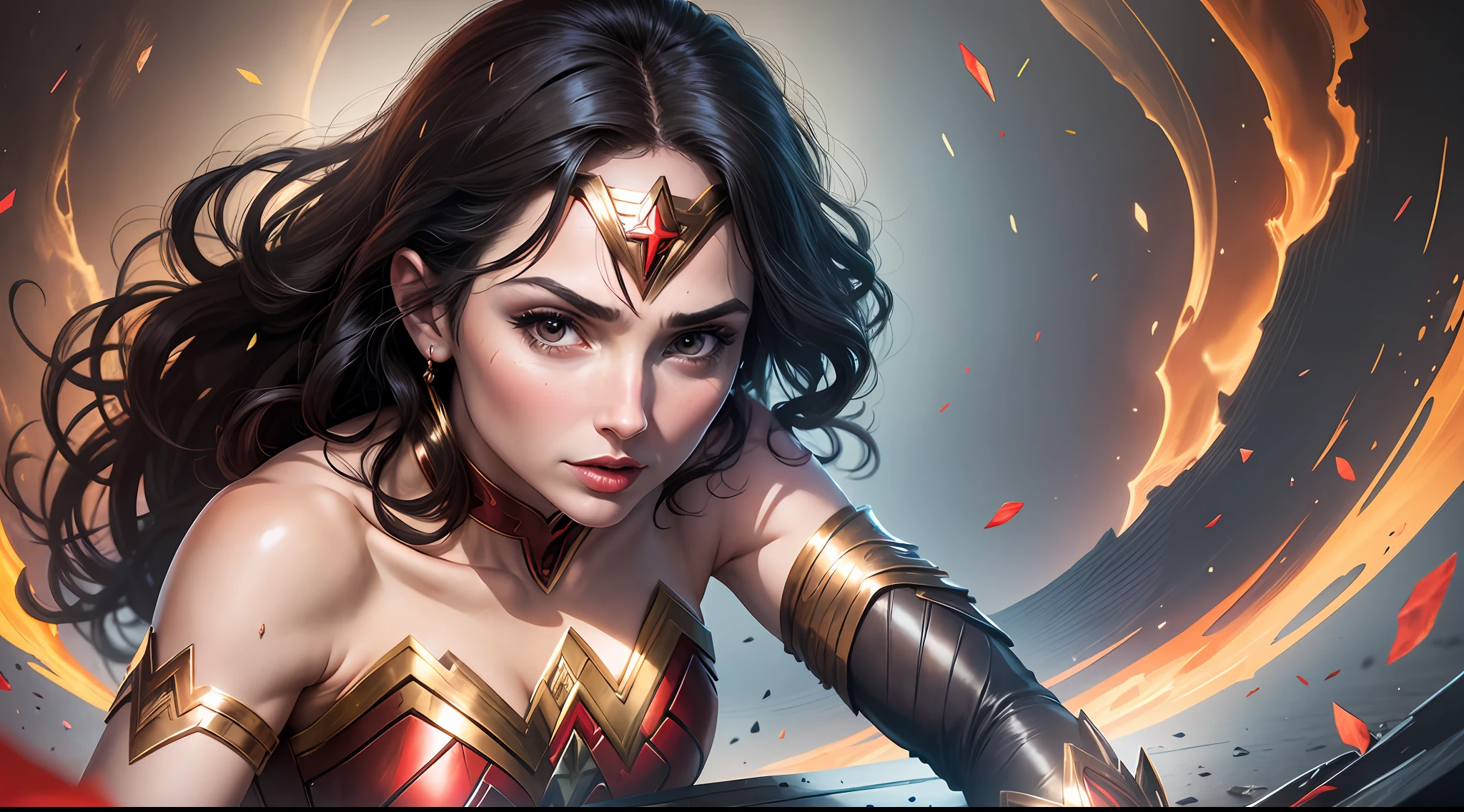 A closeup of a woman in a red and black costume, Wonder Woman, sexy painting by Gal Gadot, hybrid by Gal Gadot, Gal Gadot as Lord of Hell, dressed as Wonder Woman, Superhero body, Portrait of Wonder Woman, Gal Gadot as Wonder Woman, high quality costume, comic book character, bodybuilder superhero bikini, DC Comics style, perfect anatomy, hands with 4 fingers and 1 thumb, rendered in 8K resolution for high quality detail, 8K image quality, 8K high resolution image, hyper detailed, super realistic, intricate details --auto --s2