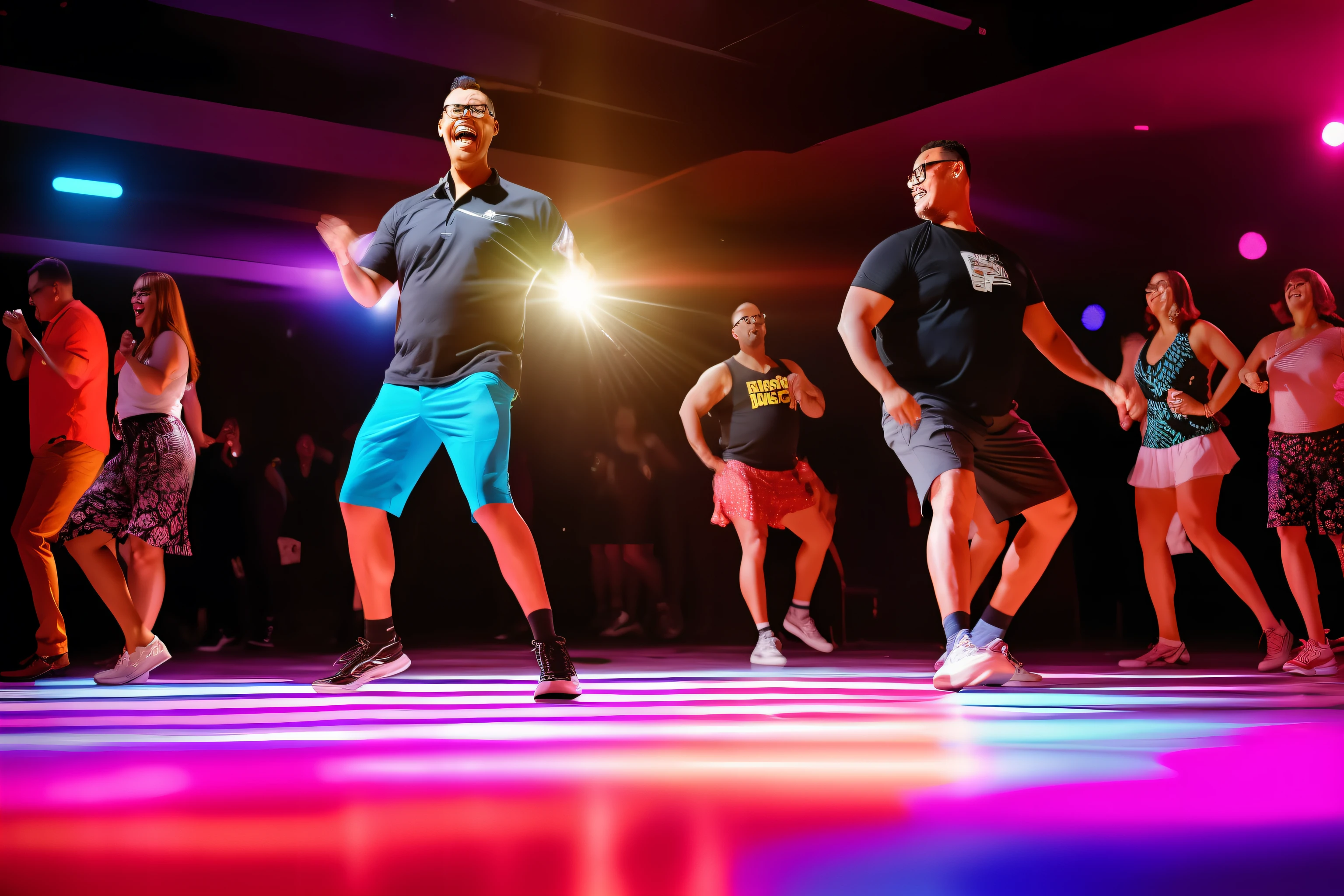 guttonerdvision5, a man having fun on a dance floor of a disco, surrounded by different people dancing. cinematic lighting, depth of field, realism, photorealistic, hyperrealism, professional photography, uhd, dslr, hdr