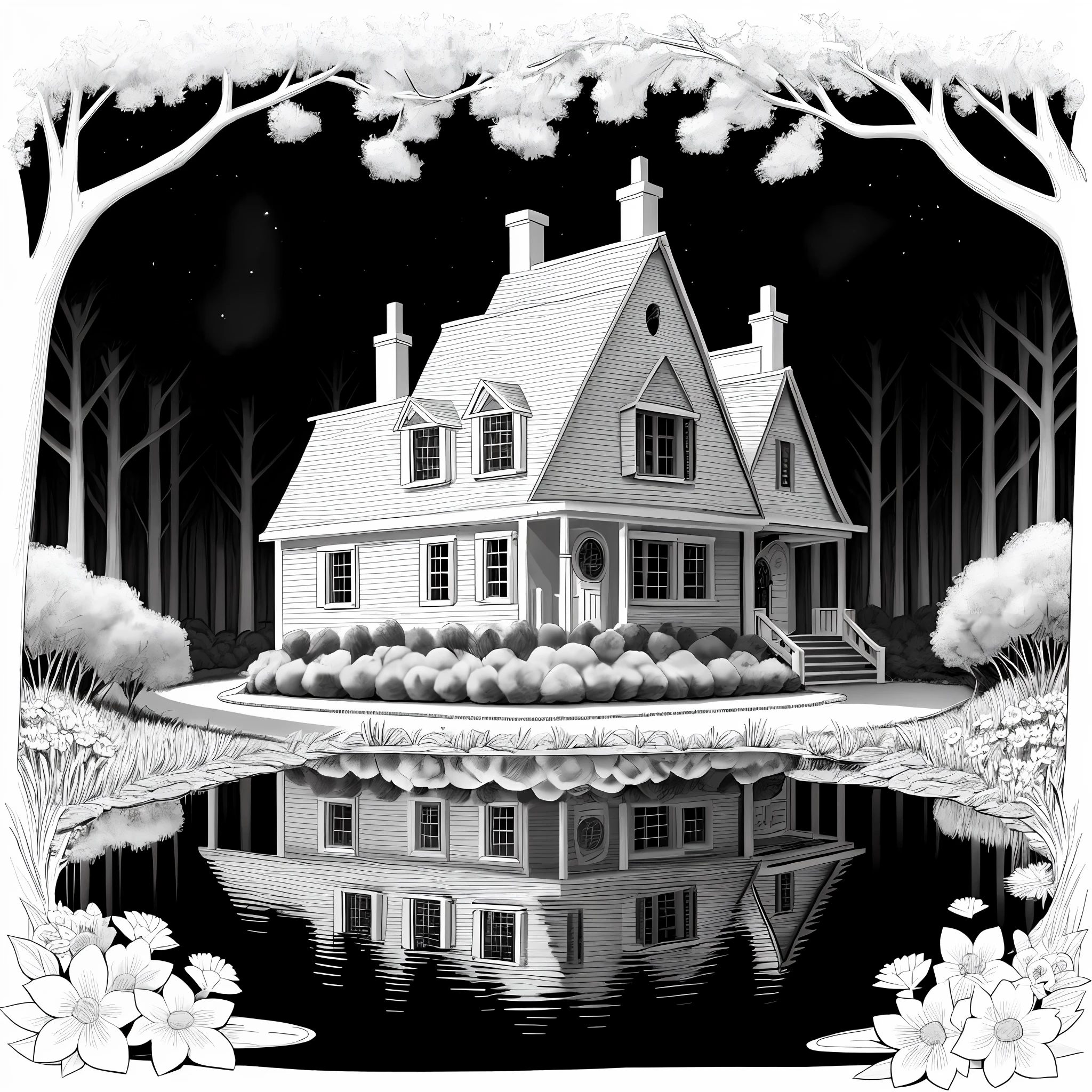 Coloring page, black and white, cute and fluffy chihuahua dog in rabbit hole style village with trees and flowers