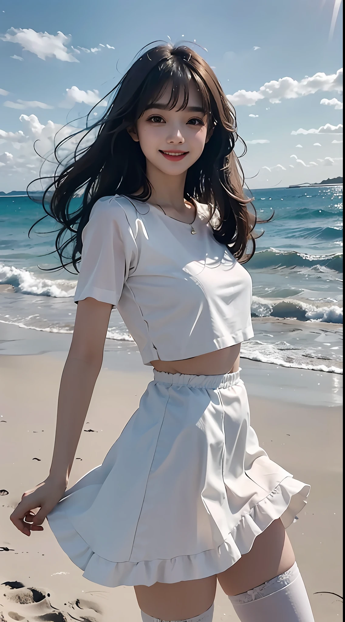 A girl, on the beach, first open skirt, sky, best light, best quality, masterpiece, long hair, white stockings, eyebrows can be seen through bangs, looking at the audience, tilting her head, facial details portrayed, grinning, hair floating