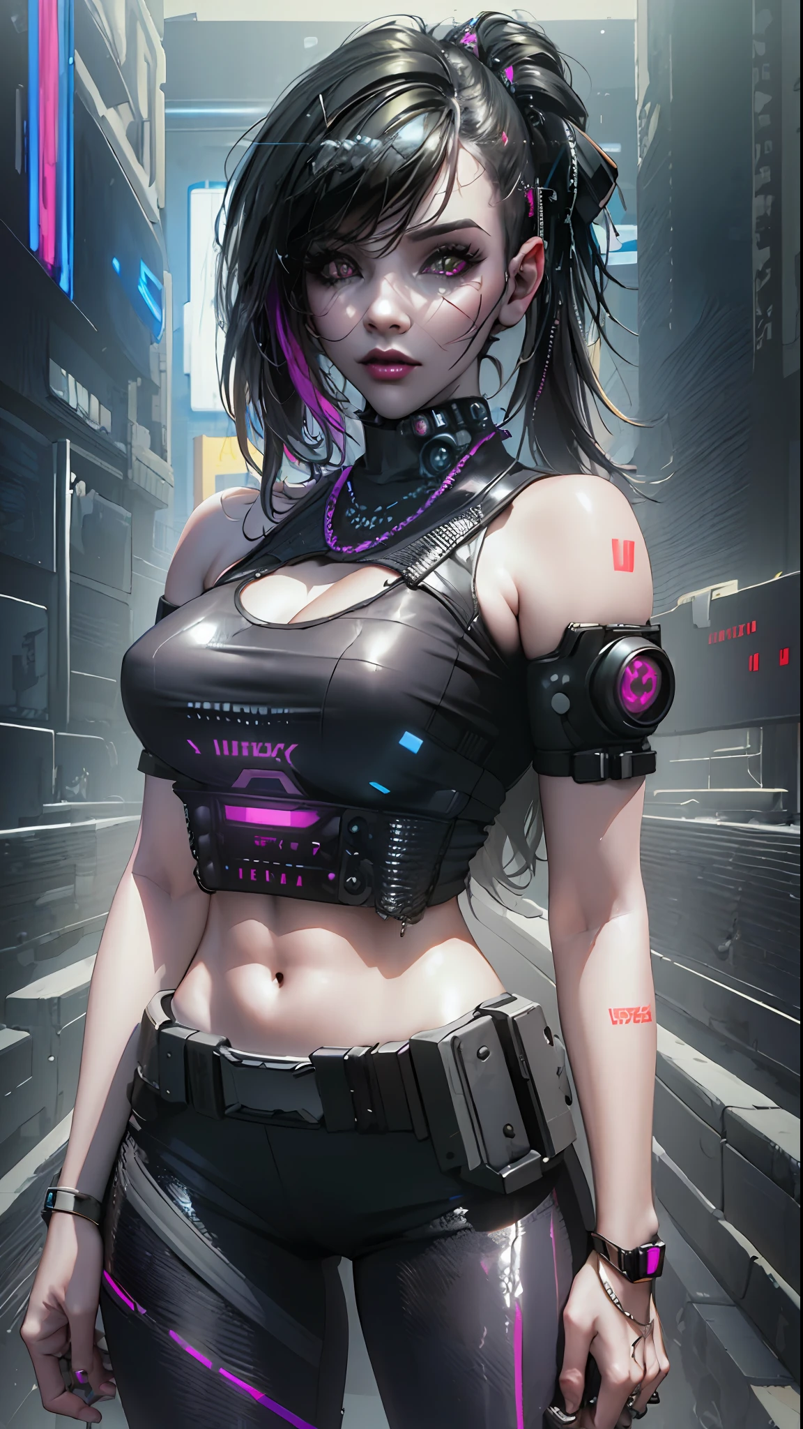 ((Best quality)), ((masterpiece)), (highly detailed:1.3), .... 3D, beautiful (cyberpunk:1.3) , Stylish woman looking at camera, black pants, black t-shirt