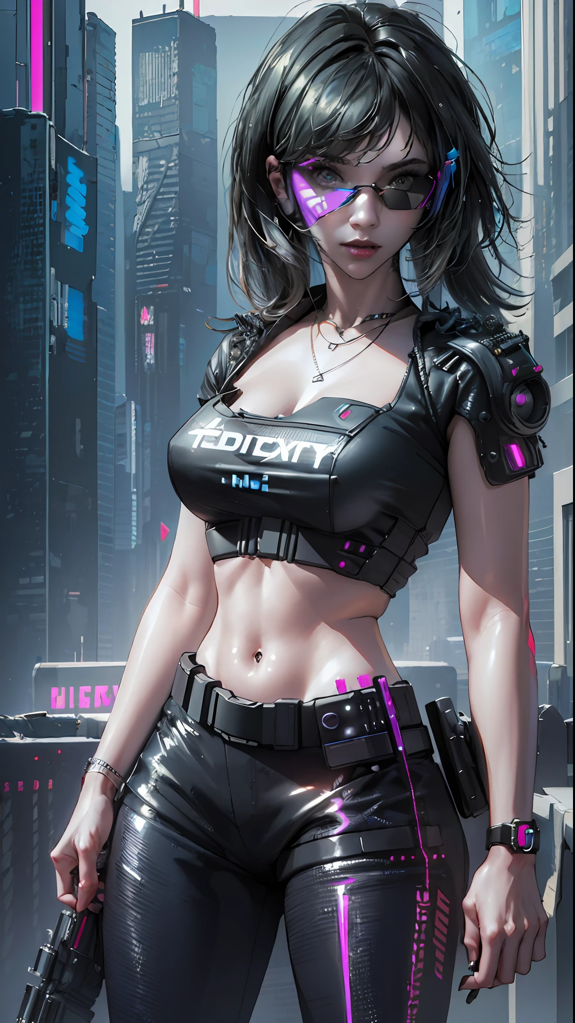 ((Best quality)), ((masterpiece)), (highly detailed:1.3), .... 3D, beautiful (cyberpunk:1.3) , Stylish woman looking at camera, black pants, black t-shirt