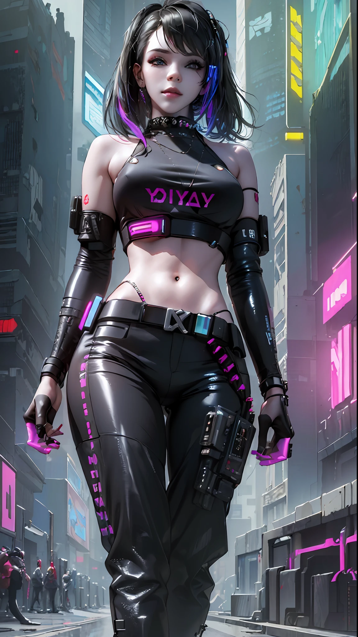 ((Best quality)), ((masterpiece)), (highly detailed:1.3), .... 3D, beautiful (cyberpunk:1.3) , Stylish woman looking at camera, black pants, black t-shirt