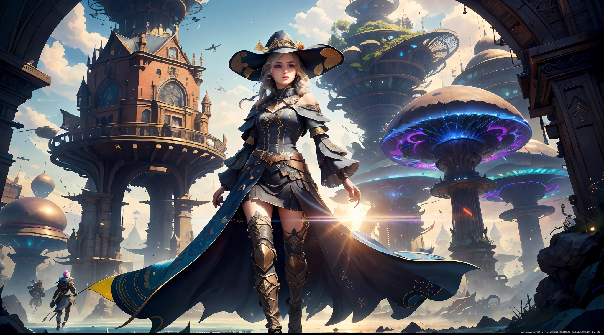 (((Multiplayer, Vivid eyes, men and women))), Best Quality, Realistic, Realistic, Award-Winning Illustrations, (Intricate Details: 1.2), (Fine Details), (Intricate Details), (Cinematic Light, Best Quality Backlight), Clear Lines, Sharp Focus, Official Art, Unity 8k Wallpaper, Ridiculous, Incredibly Absurd, Fantasy Art, RTX, ((Award-winning Triangle Studio Close-up Photo)), 1 Boy, (Shut Up), Best Quality, 4K, beautiful mysterious creatures, female, flying, surrealism, masterpiece by NCWINTERS, in a mysterious country town, masterpiece, intricate details, ff14style, urban painting, bridge, river, giant mushroom, landscape, bright colors, ((((full body image))),