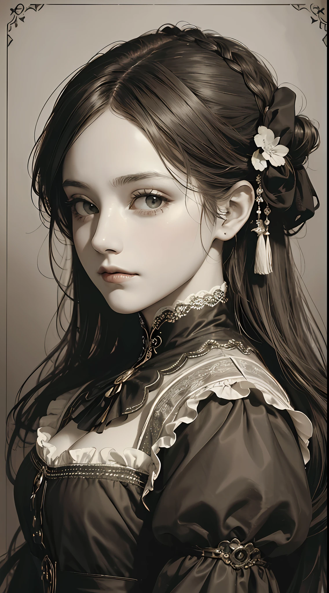 (Pure Color: 0.9), (Color: 1.1), (Masterpiece: 1,2), Best Quality, Masterpiece, High Resolution, Original, Highly Detailed Wallpaper, Beauty, Victorian, Dress, Sad, Small Face, Big Breasts, Sepia --auto --s2