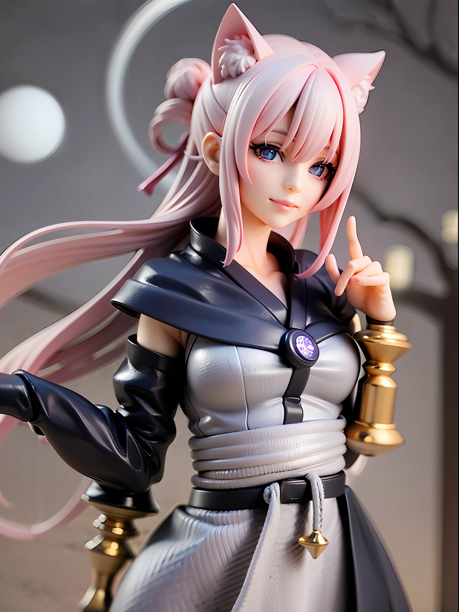 1girl, cat ears, cat tail, cherry blossom ,long pale hair, chibi, beautiful bright blue eyes, smiling, wearing a white kimono, standing under a night sky with a full moon, moon light,surrounded by blue roses, [realistic], [3d], (8k, RAW photo, best quality, masterpiece:1.2), ultra high res, photo realistic, professional lighting, detailed lighting, professional photography, high quality, high res, extremely detailed, bloom, depth of field, sketch, sharp focus, soft lighting, detailed, detailed skin, to8contrast style.