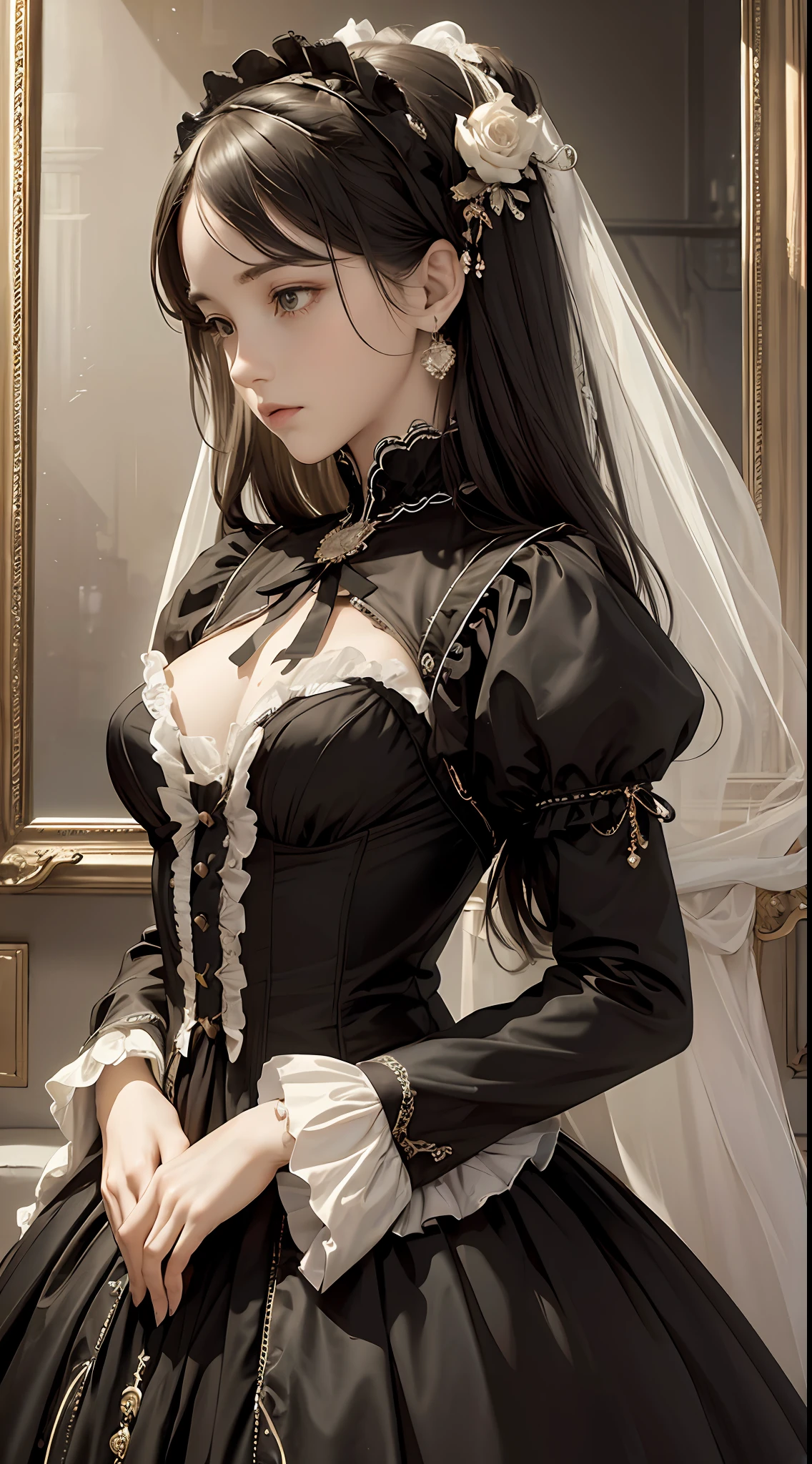 (Pure Color: 0.9), (Color: 1.1), (Masterpiece: 1,2), Best Quality, Masterpiece, High Resolution, Original, Highly Detailed Wallpaper, Beauty, Victorian, Dress, Sad, Small Face, Big Breasts, Sepia --auto --s2