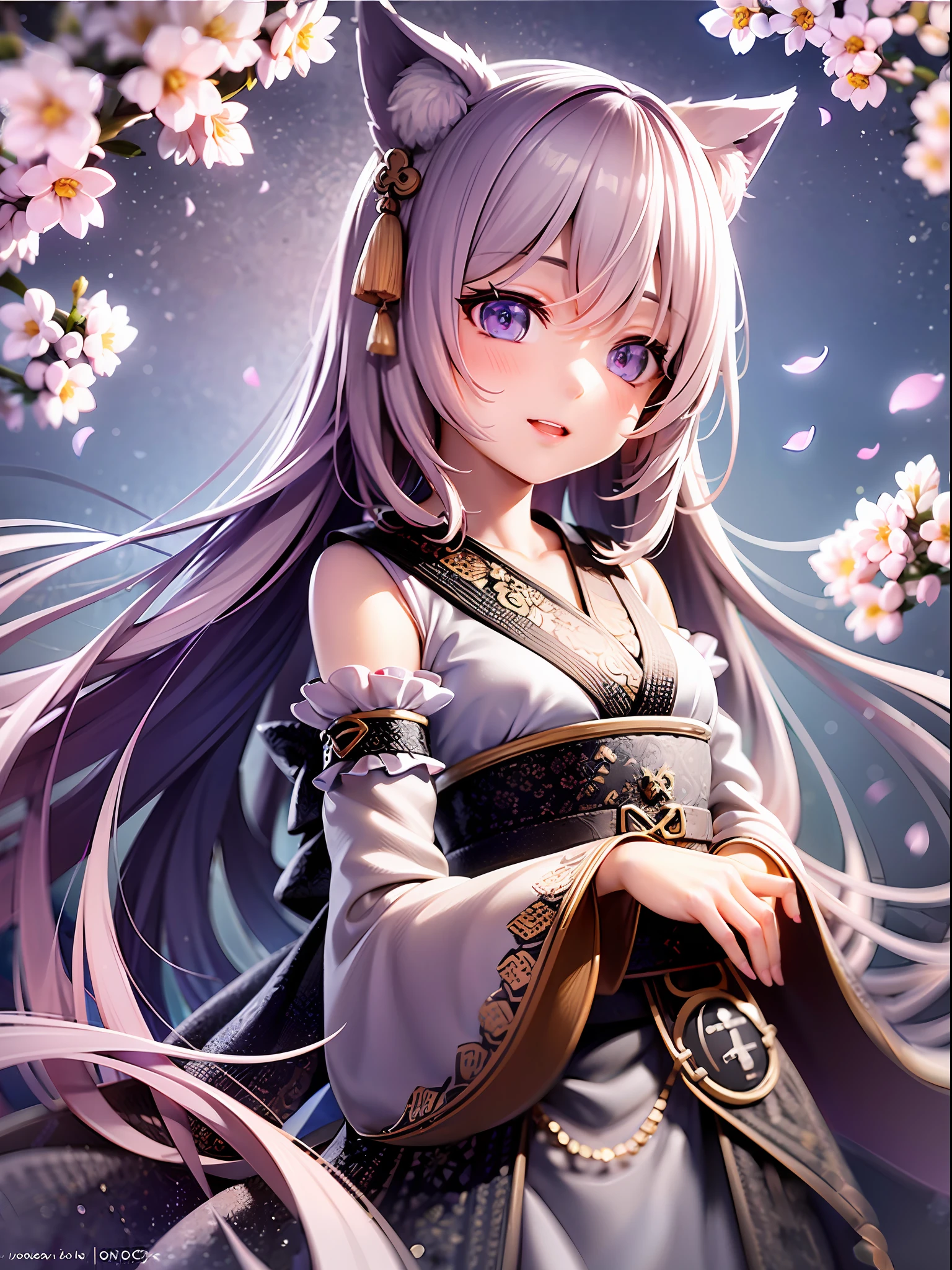 1girl, cat ears, cat tail, cherry blossom ,long pale hair, chibi, beautiful bright blue eyes, smiling, wearing a white kimono, standing under a night sky with a full moon, moon light,surrounded by blue roses, [realistic], [3d], (8k, RAW photo, best quality, masterpiece:1.2), ultra high res, photo realistic, professional lighting, detailed lighting, professional photography, high quality, high res, extremely detailed, bloom, depth of field, sketch, sharp focus, soft lighting, detailed, detailed skin, to8contrast style.