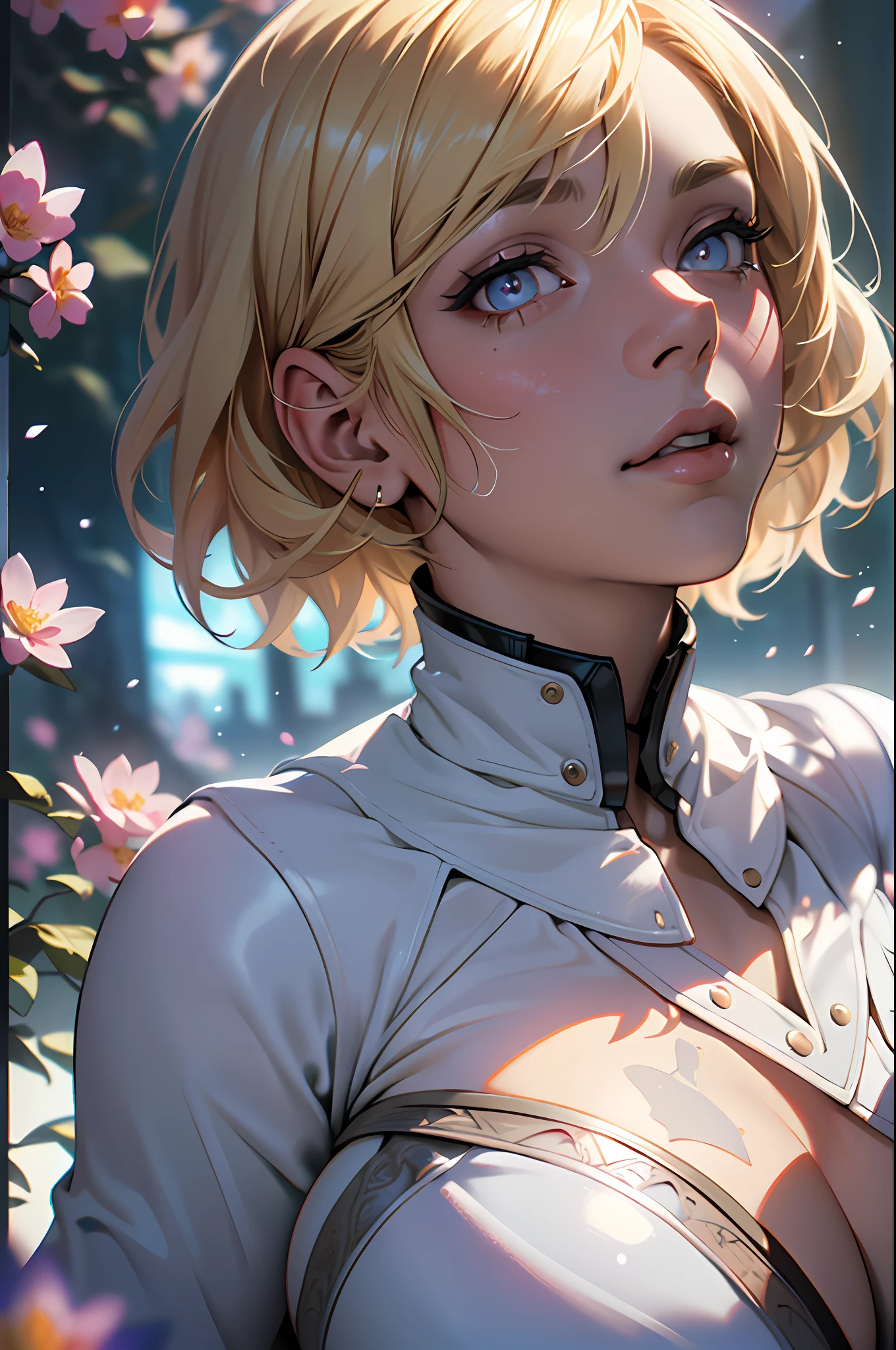 Highly detailed RAW color photo, beautiful young woman, short blonde hair, dynamic pose, (wide hips), (detailed skin), (detailed lips), (detailed eyes), (cosmic: 1.4), (necropolis: 1.1), (Science fiction setting) (detailed face), (curvy), white clothing, detailed eyes, chromatic aberration, depth of field, smooth lighting, masterpiece, best quality, intricate, (lens reflection: 0.7), (flowering: 0.7), particle effects, ray tracing, tone mapping, highly detailed, conceptual art, smooth, focus sharp, dramatic illumination, highly detailed art, cinematic, hyper-realistic painting, trend on Artstation, 8K, incredible shadows, realistic, (highly detailed background: 1.2), mid-journey art