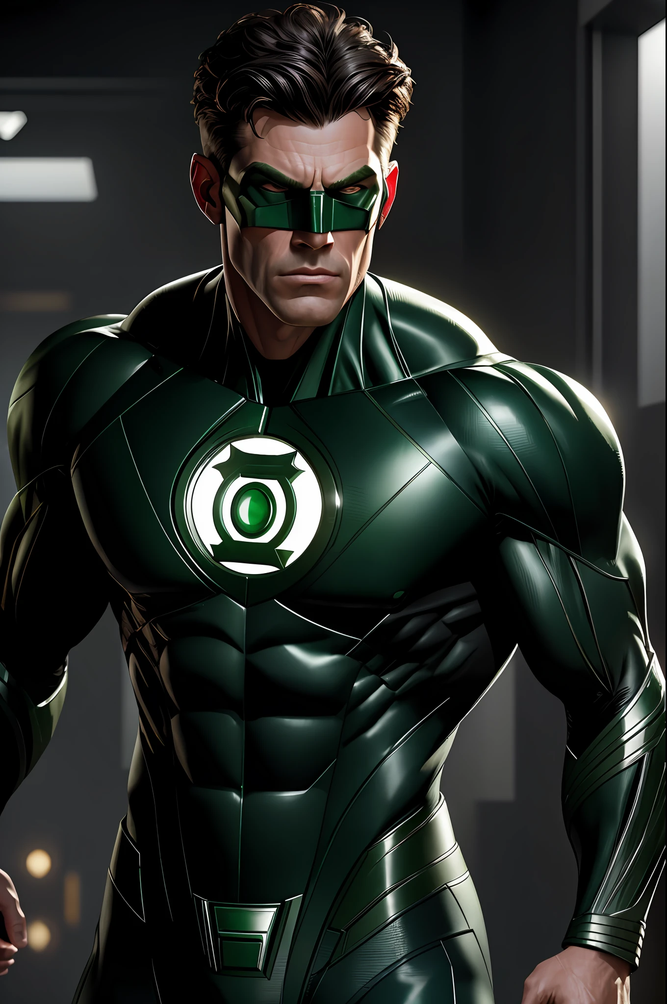 (8k, RAW photo, best quality, masterpiece:1.2), ultra detailed, official art, photo-realistic:1.37, upper body shot, DC Green Lantern, film grain, action pose