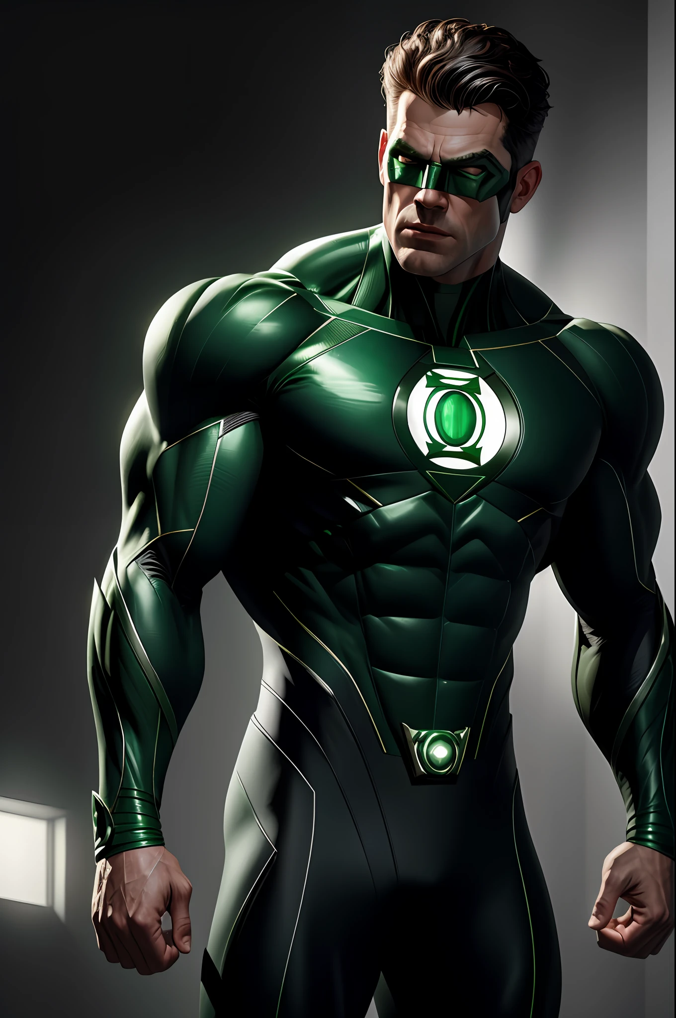 (8k, RAW photo, best quality, masterpiece:1.2), ultra detailed, official art, photo-realistic:1.37, upper body shot, DC Green Lantern, film grain, action pose