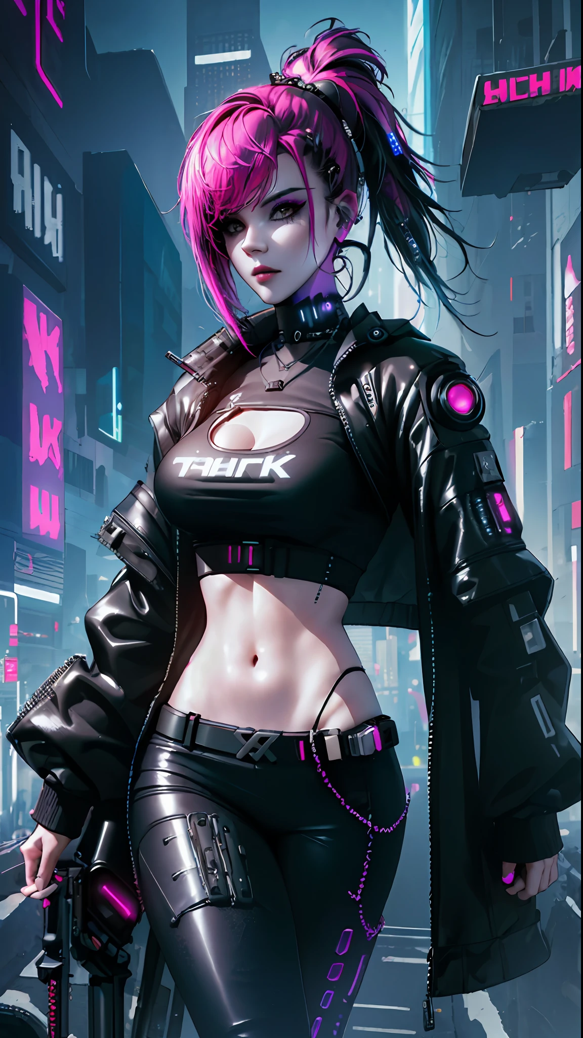 ((Best quality)), ((work-before)), (highly detailed:1.3), .. 3D, beautiful (cyberpunk:1.3) , Stylish woman looking at camera, black pants, black t-shirt