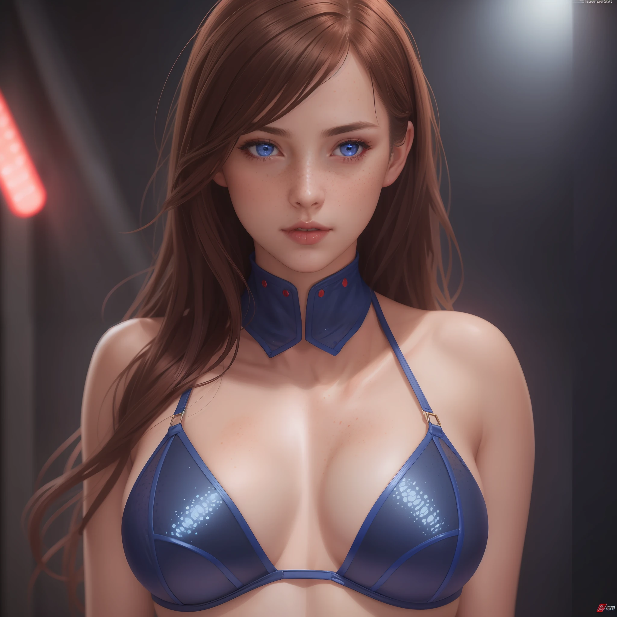 A girl, seduction, sexy, realistic skin, medium size breasts, professional blue and red lights, 8k, realistic quality, detailed, brown hair, lights, high contrast, freckles on face, abdomen, detailed skin, seductive mouth, seductive look, marked nipple
