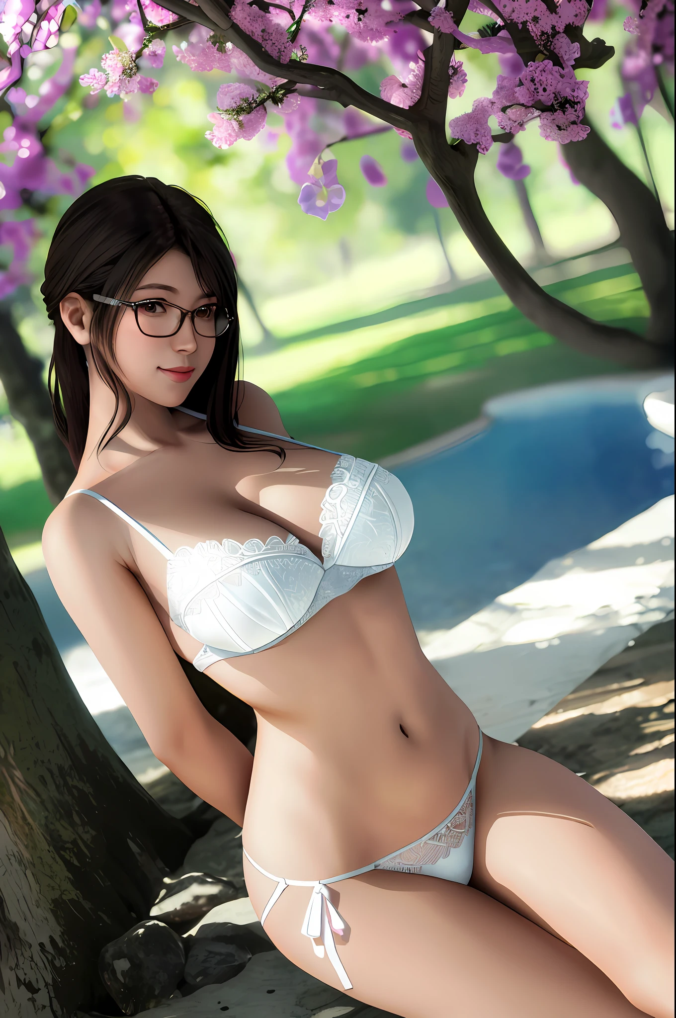 Sayuri, Open legs, Hip lift, Underwear, White cotton underwear, Thin fabric, (Masterpiece: 1.2, Best Quality, Intricate Detail, Super Detail, Photorealistic, Ultra High Quality, High Resolution, Best Shadow, Best Skin Texture, Best Lighting, 4K), Cleavage, Lovely Hips, Detailed Face: 1, Gentle smile, Glasses, Sunlight through the trees, Sunlight through the trees, Soft lighting, Colorful