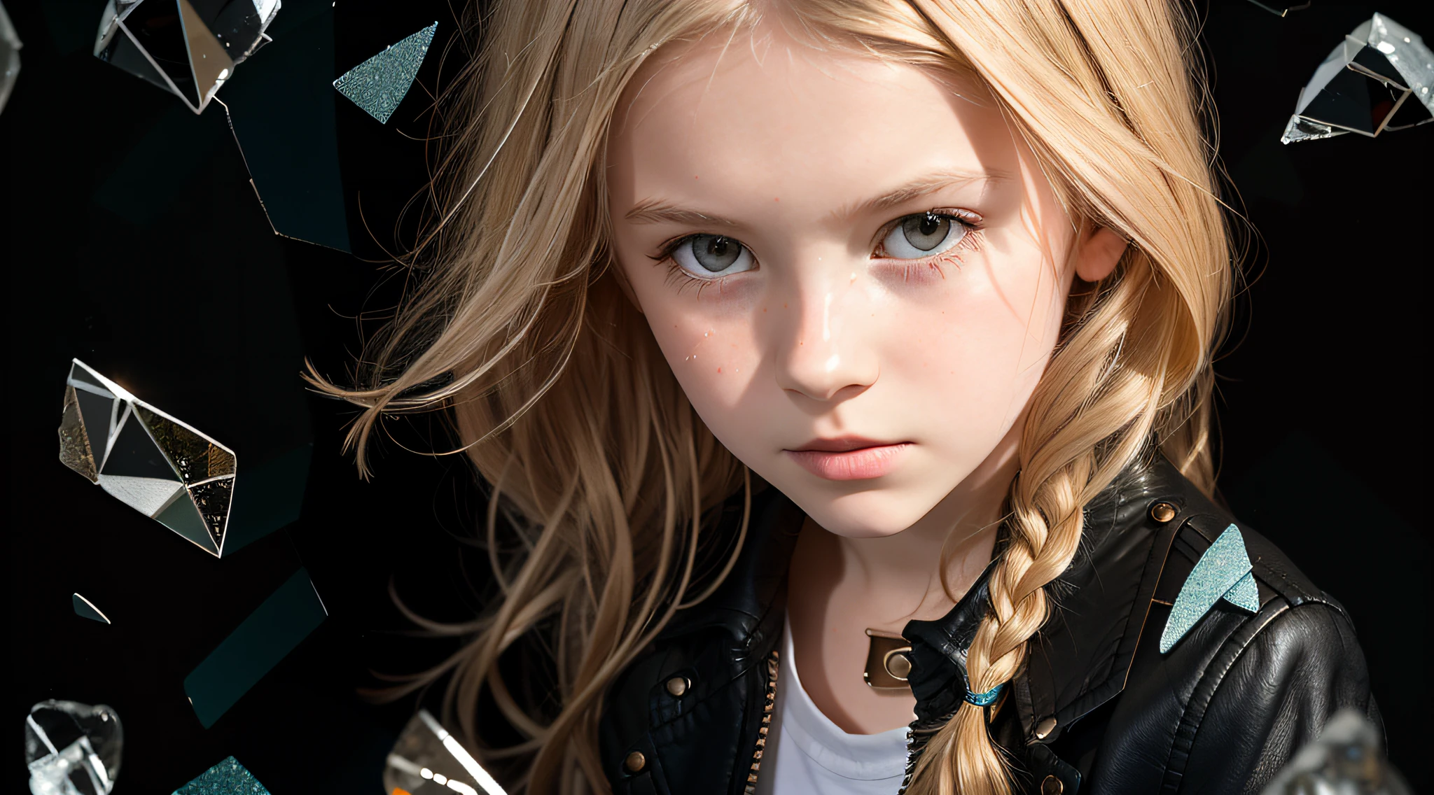 GIRL Russian child with 10 years, blonde long hair, closeup, in a black leather jacket and sunglasses, a closeup of a broken glass window with a black background, shattered glass, broken glass, broken glass ( (sun rays) ), broken glass , vivid broken glass, a million shards of broken glass, photo of broken glass, scattered glass shards, glass shards, broken, cracked glass, sharp glass shards, composition of broken mirrors, broken mirror