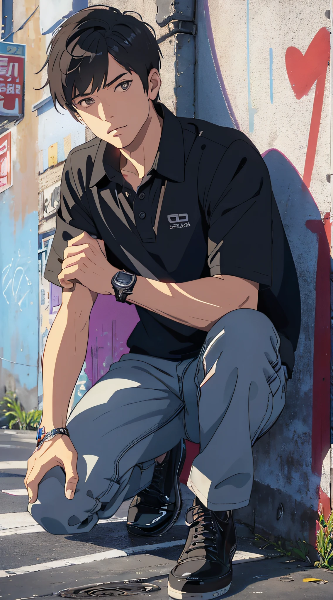 (street man), ((dress black polo shirt smooth)), dark blue jeans, with tear in the knee, with black shoes with gray, with straight and short brown hair, fair skin, a tribal tattoo on the arm, black eyes, ((full body)), ((perfect face)),((perfect iris eyes)), supported on walls with graffiti art, image fashion photographic catalog, Social realism, Realism, ray tracing, reflection light, high quality, high details, super detail, 8k, 16k, best quality --auto --s2