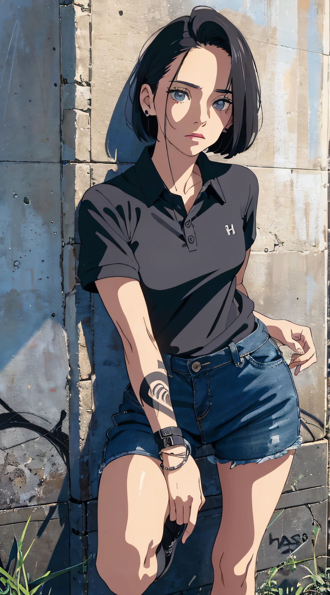 (street man), ((dress black polo shirt smooth)), dark blue jeans, with tear in the knee, with black shoes with gray, with straight and short brown hair, fair skin, a tribal tattoo on the arm, black eyes, ((full body)), ((perfect face)),((perfect iris eyes)), supported on walls with graffiti art, image fashion photographic catalog, Social realism,  Realism, ray tracing, reflection light, high quality, high details, super detail, 8k, 16k, best quality --auto --s2