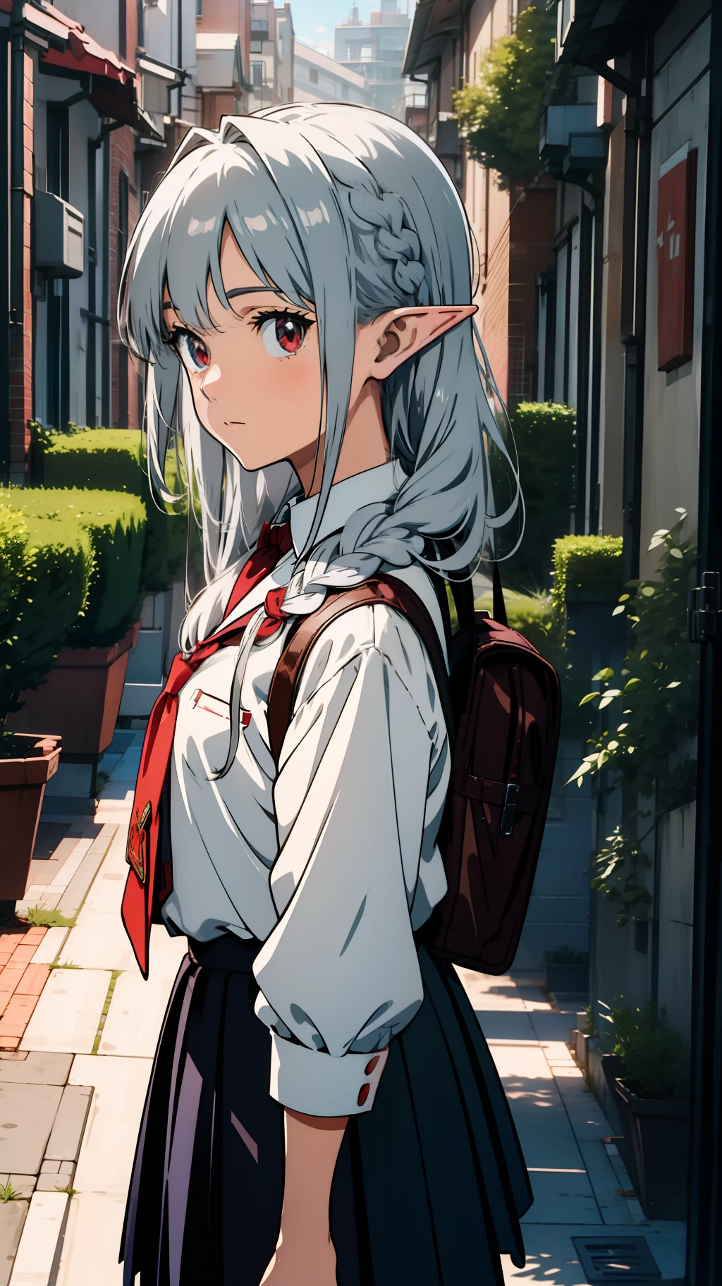 Close up portrait of one girl, elf, silver hair, red eyes, braid, school uniform, school street, walking, concept art, beautiful anime scene, best quality, 4K