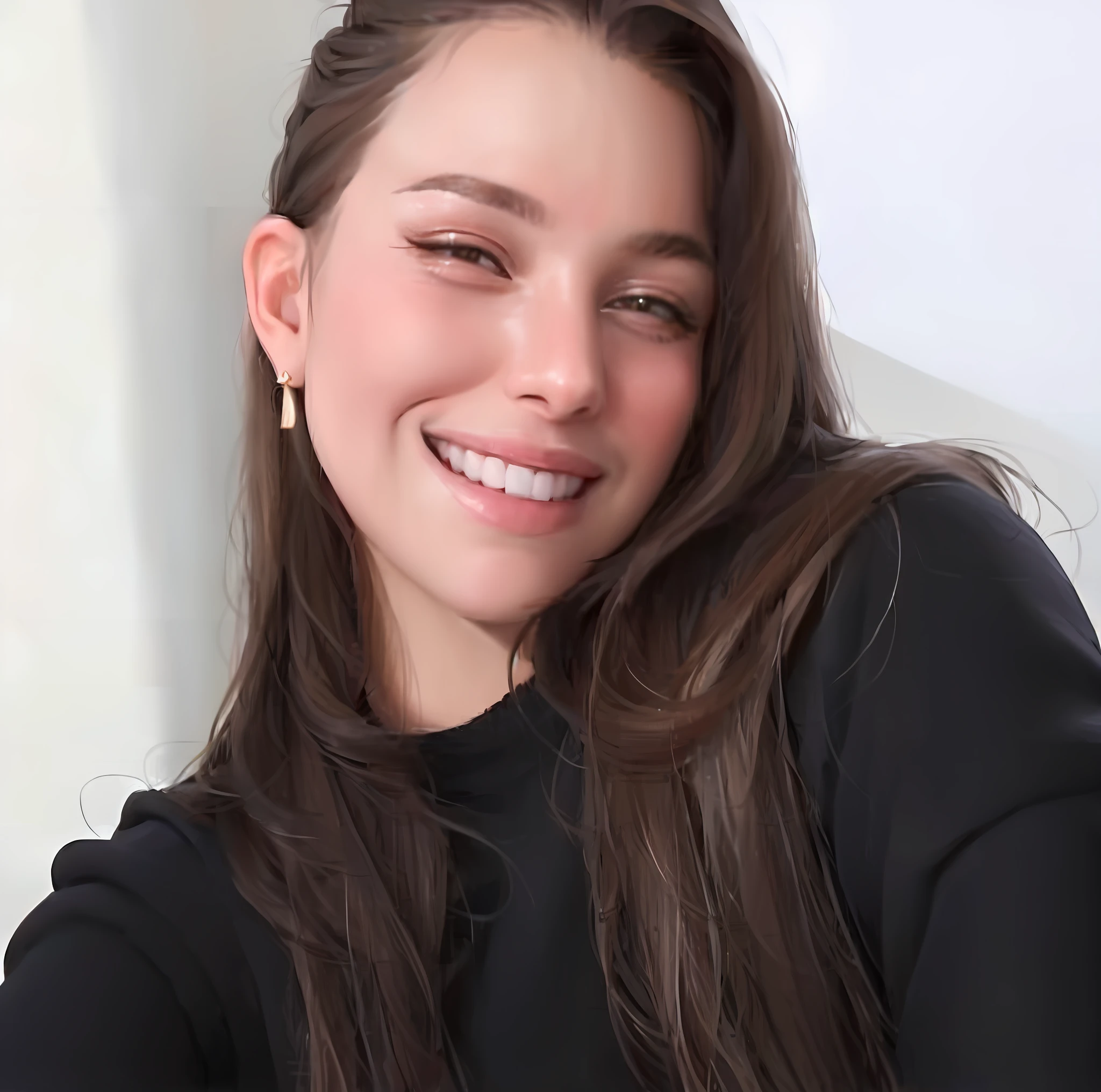 smiling woman with long brown hair and earrings sitting in front of a white wall, 30-year-old french woman, headshot profile picture, Malika Favre, Anastasia Ovchinnikova, no makeup, beautiful and smiling, profile picture, avatar image, Viktoria Gavrilenko, Kailee Mandel, high quality portrait, Ekaterina, red rose outfit, founds image a landscape, beautiful landscape background