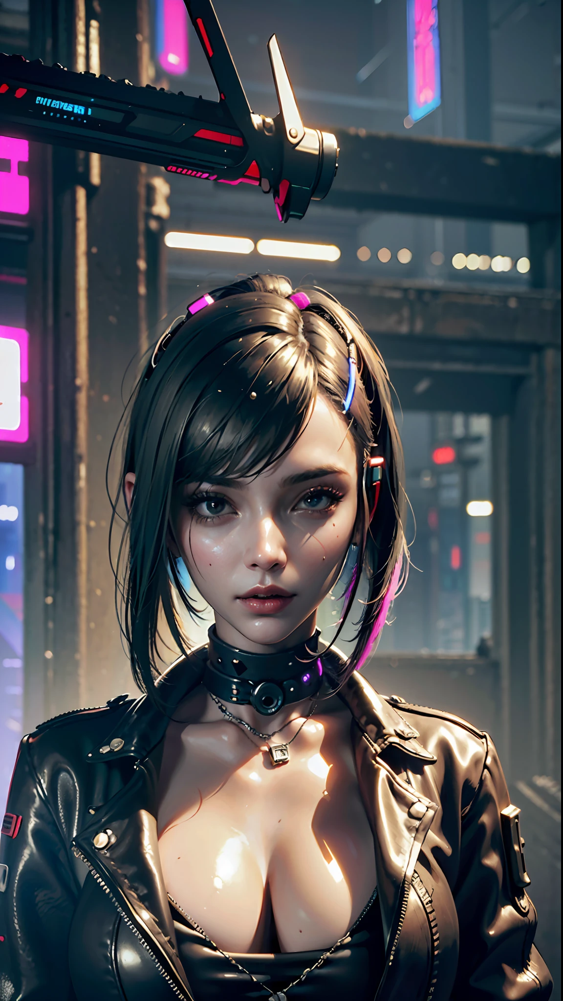 ((Best quality)), ((masterpiece)), (highly detailed:1.3), 3D, beautiful (cyberpunk:1.3), stylish woman looking at camera black leather clothes