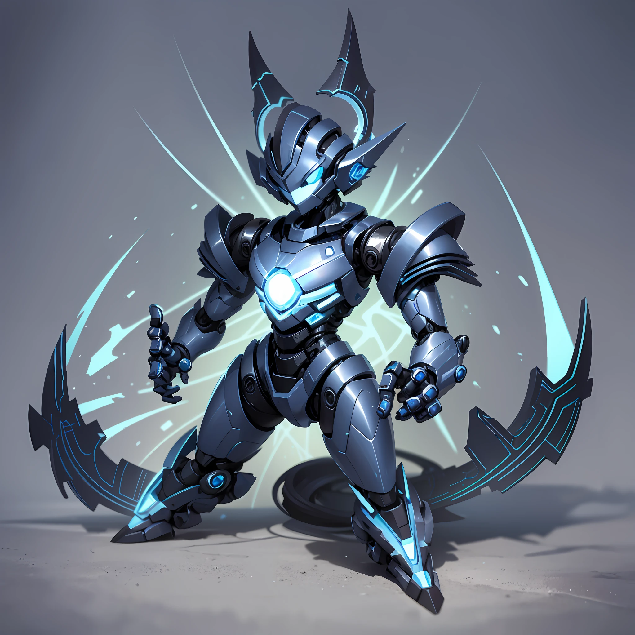 Cute cartoon image a full-body gargoyle blue robocop, has an elegant and sophisticated appearance, combining elements of artificial intelligence with a touch of unique personality. Its structure is formed by smooth lines and contours, conveying a sense of fluidity and modernity.