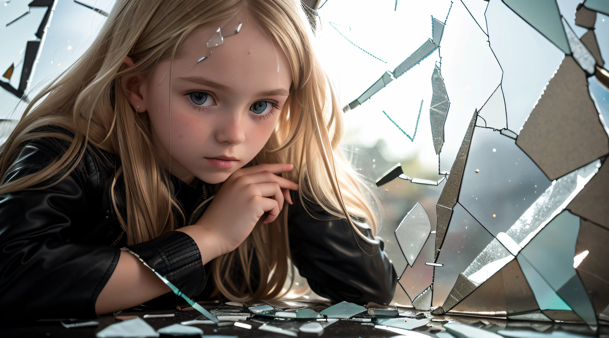 GIRL Russian with 10 yeonde long hair, closeup, in a black leather jacket, a closeup of a broken glass window with a black background, shattered glass, broken glass, broken glass ( (sun rays) ), glass breaking, vivid broken glass, a million shards of broken glass, photo of broken glass, shards of glass strewn about, shards of glass, broken, cracked glass, sharp glass shards, composition of broken mirrors, broken mirror