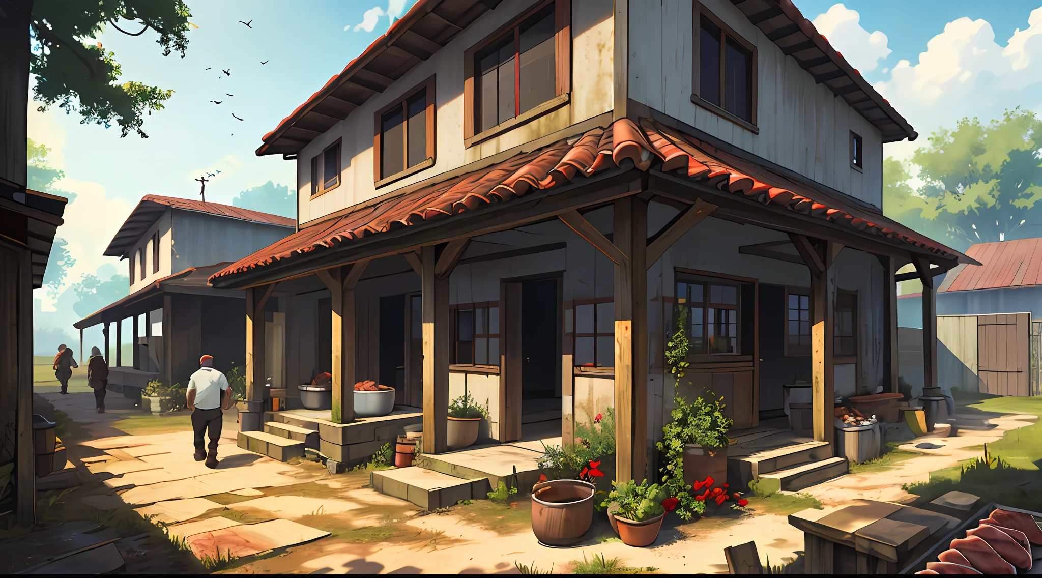 (Best quality: 1.0), (Ultra resolution: 1.0), early in the morning, in the courtyard of the farm, a group of slaughterers are carrying raw meat, but strangely, in addition to meat, there are jars of bright red blood