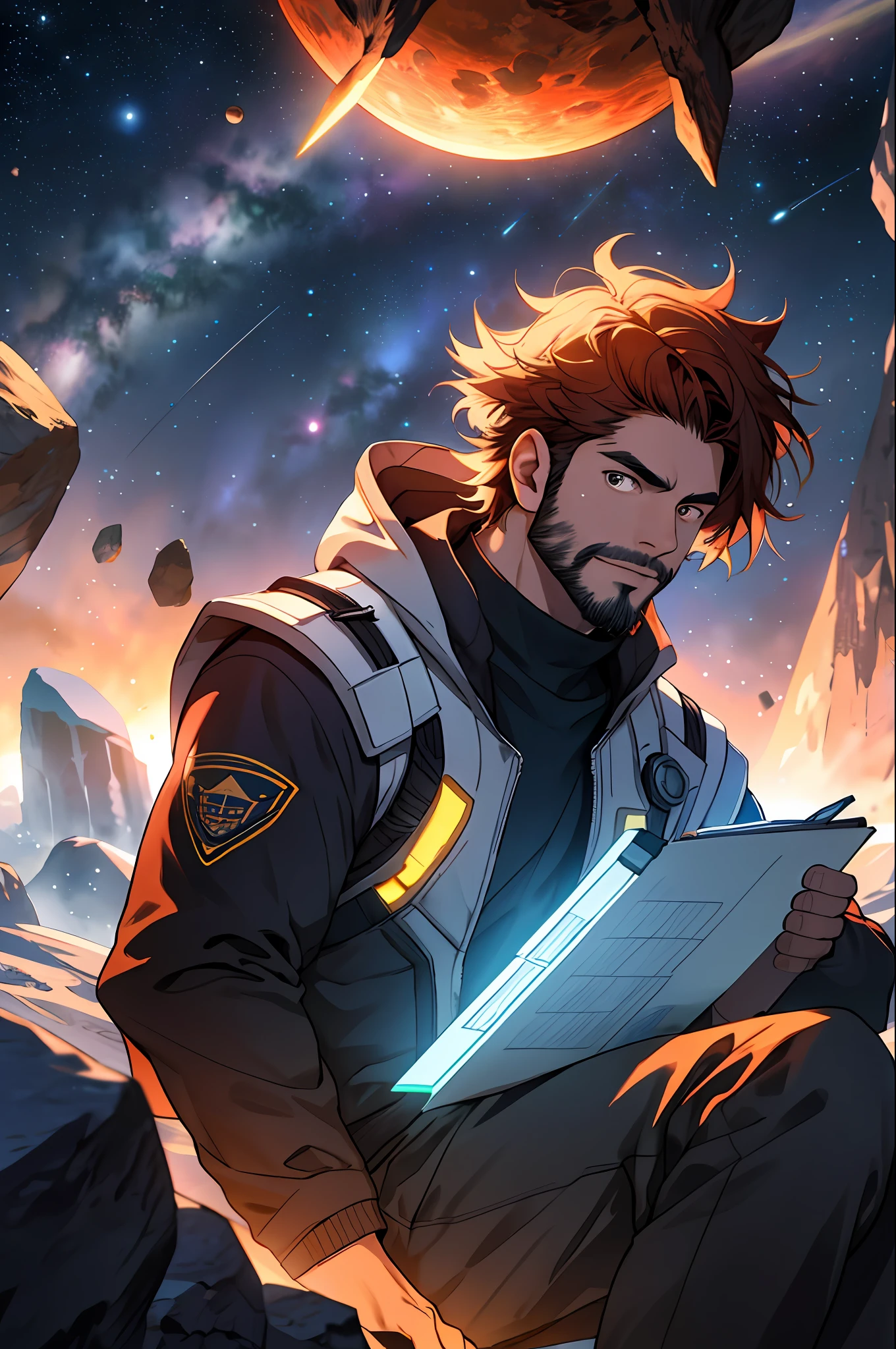 Draw a young programmer, sitting on a research platform floating in the middle of an asteroid belt. He is studying with a notebook, surrounded by several asteroids glowing with fiery auras. Dramatic lighting from distant stars and planets illuminates the scene, casting deep shadows on the suit. The young man looks confident and determined, looking at the vast and mysterious universe with wonder and respect,facial hair, cowboy shot,