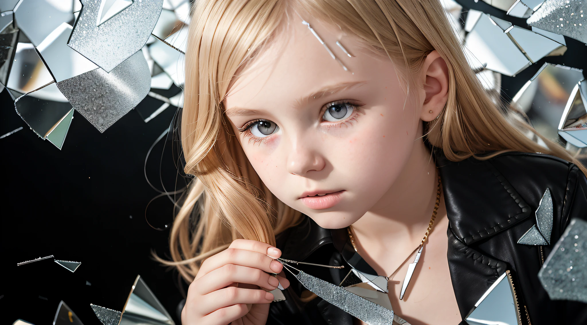 GIRL Russian with 10 yende long hair, closeup, in a black leather jacket, a closeup of a broken glass window with a black background, shattered glass, broken glass, broken glass ( (sun rays) ), glass breaking, vivid broken glass, a million shards of broken glass, photo of broken glass, shards of glass strewn about, shards of glass, broken, cracked glass, sharp glass shards, composition of broken mirrors, broken mirror