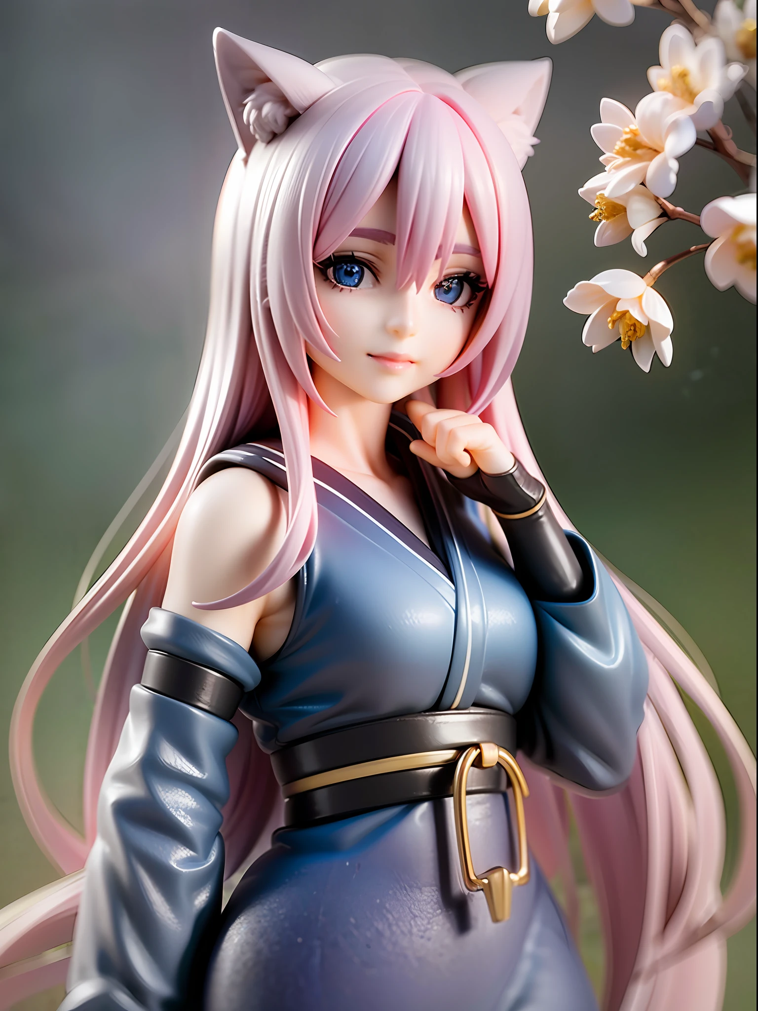 1girl, cat ears, cat tail, cherry blossom ,long pale hair, chibi, beautiful bright blue eyes, smiling, wearing a white kimono, standing under a night sky with a full moon, moon light,surrounded by blue roses, [realistic], [3d], (8k, RAW photo, best quality, masterpiece:1.2), ultra high res, photo realistic, professional lighting, detailed lighting, professional photography, high quality, high res, extremely detailed, bloom, depth of field, sketch, sharp focus, soft lighting, detailed, detailed skin, to8contrast style.