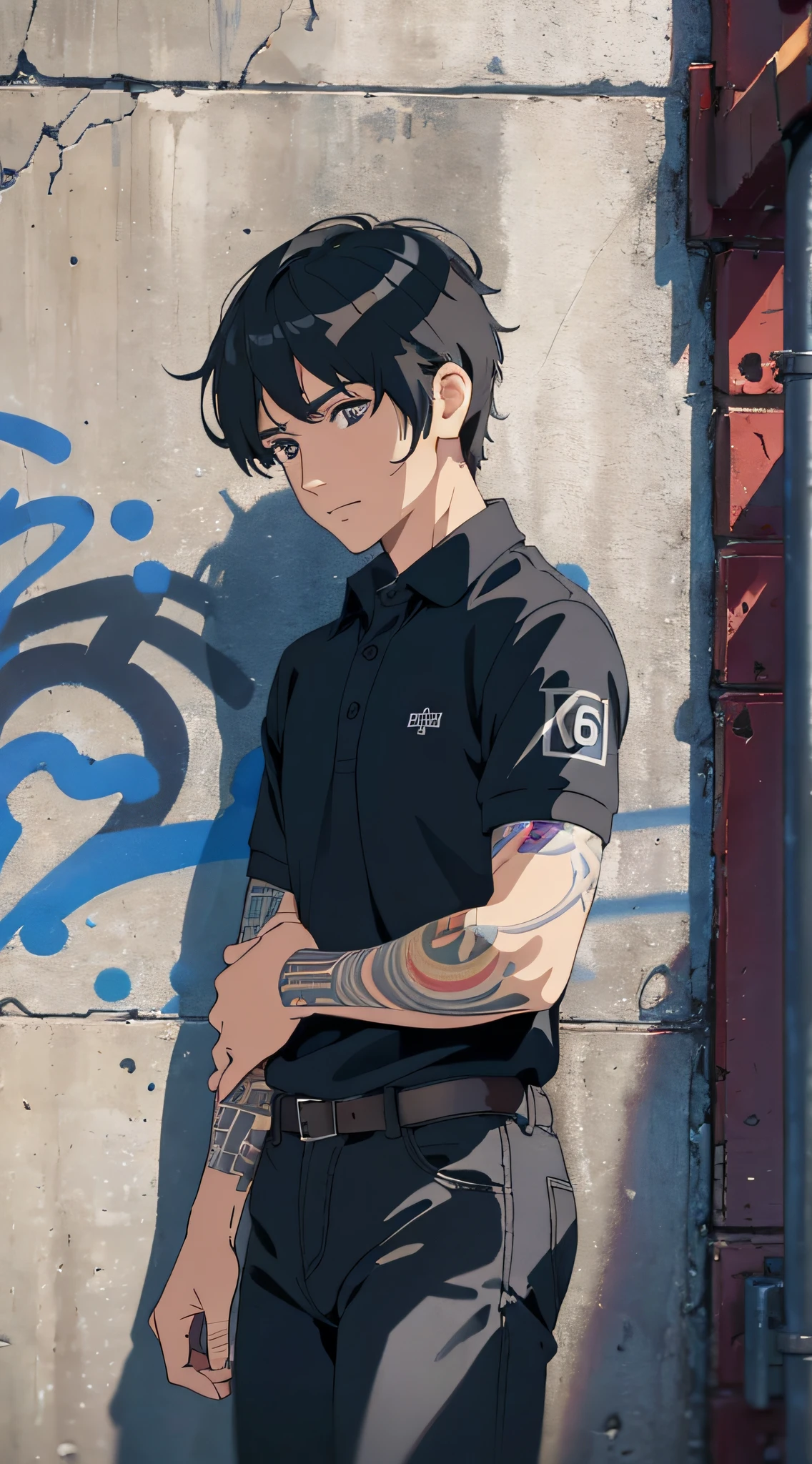 (street man), ((dress black polo shirt smooth)), dark blue jeans, with tear in the knee, with black shoes with gray, with straight and short brown hair, fair skin, a tribal tattoo on the arm, black eyes, ((full body)), ((perfect face)),((perfect iris eyes)), supported on walls with graffiti art, image fashion photographic catalog, Social realism, Realism, ray tracing, reflection light, high quality, high details, super detail, 8k, 16k, best quality --auto --s2